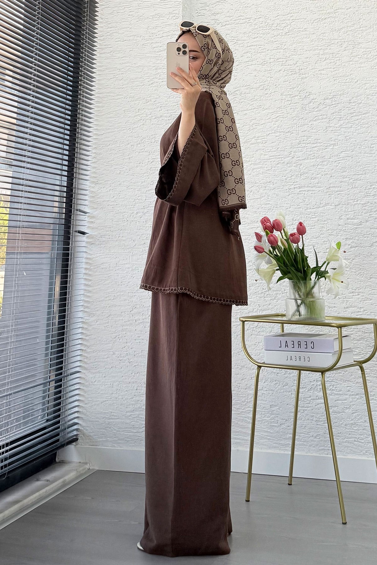 Premium Fisto Detaylı Nua Keten Pantolon Takım - Kahverengi