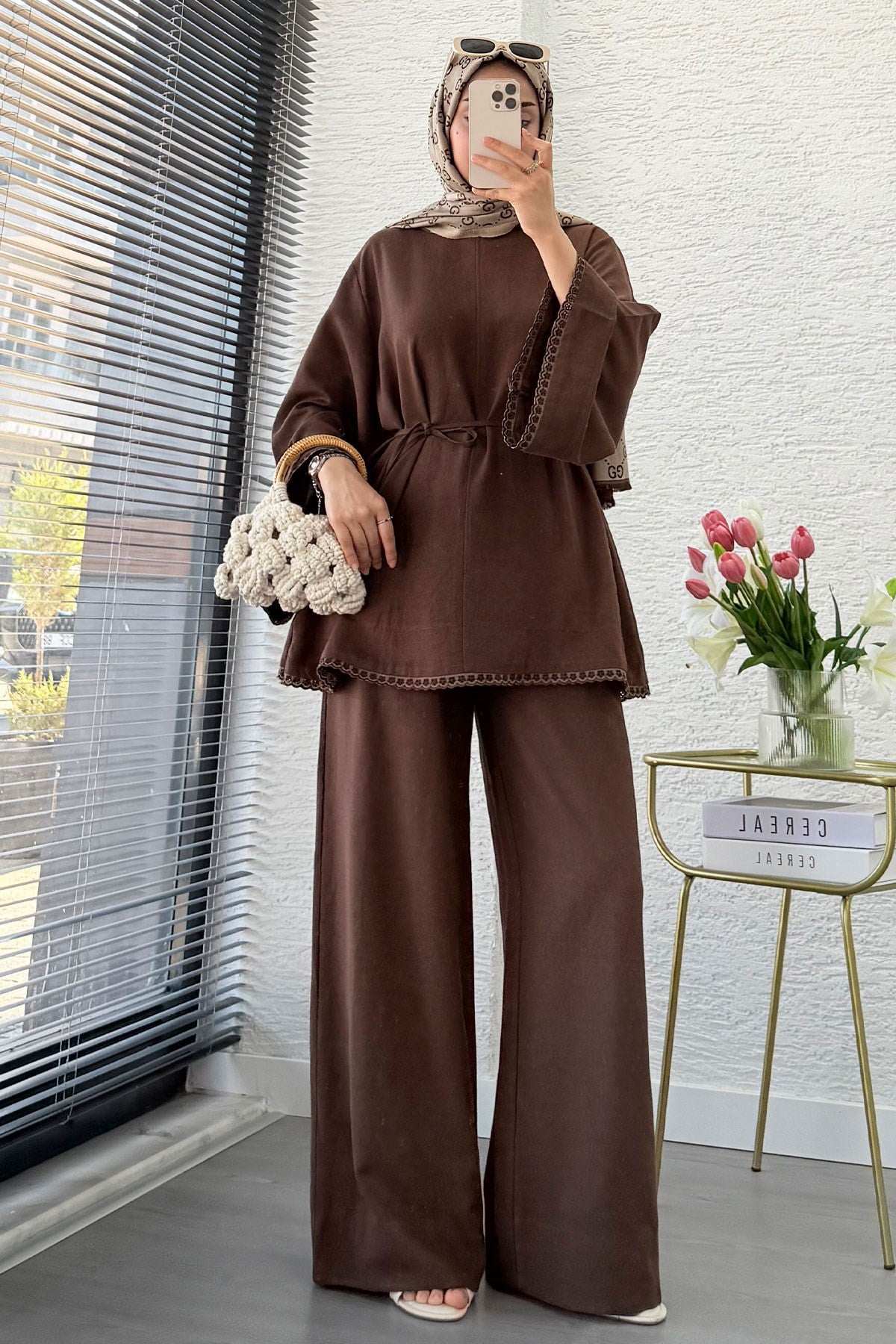 Premium Fisto Detaylı Nua Keten Pantolon Takım - Kahverengi