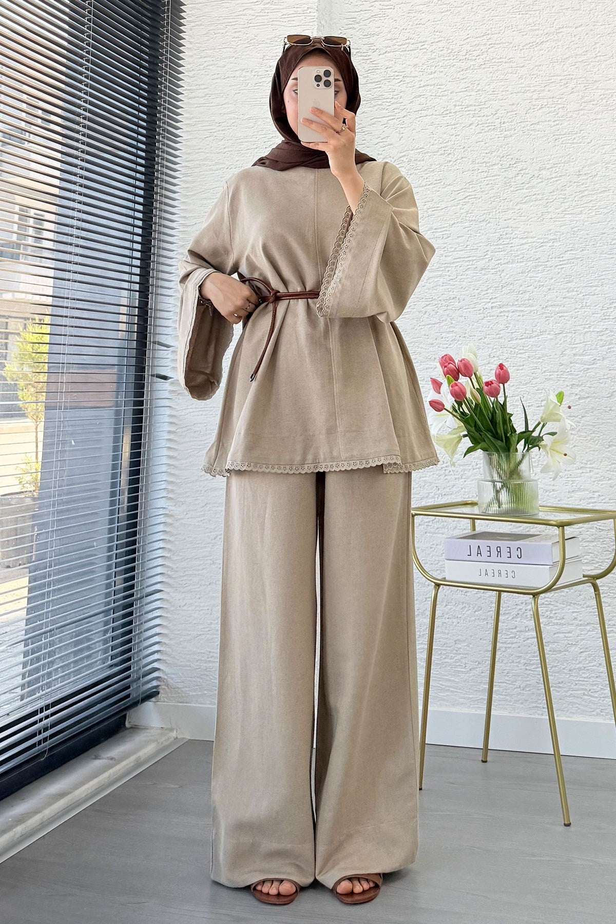 Premium Fisto Detaylı Nua Keten Pantolon Takım - Vizon