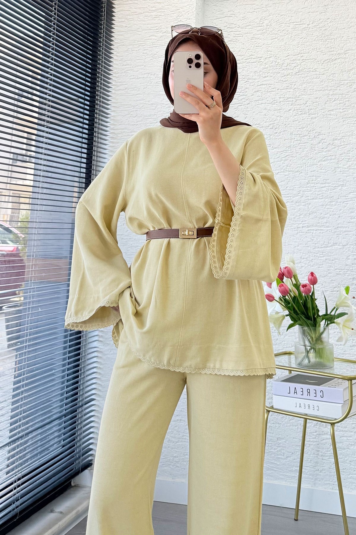 Premium Fisto Detaylı Nua Keten Pantolon Takım - Hardal