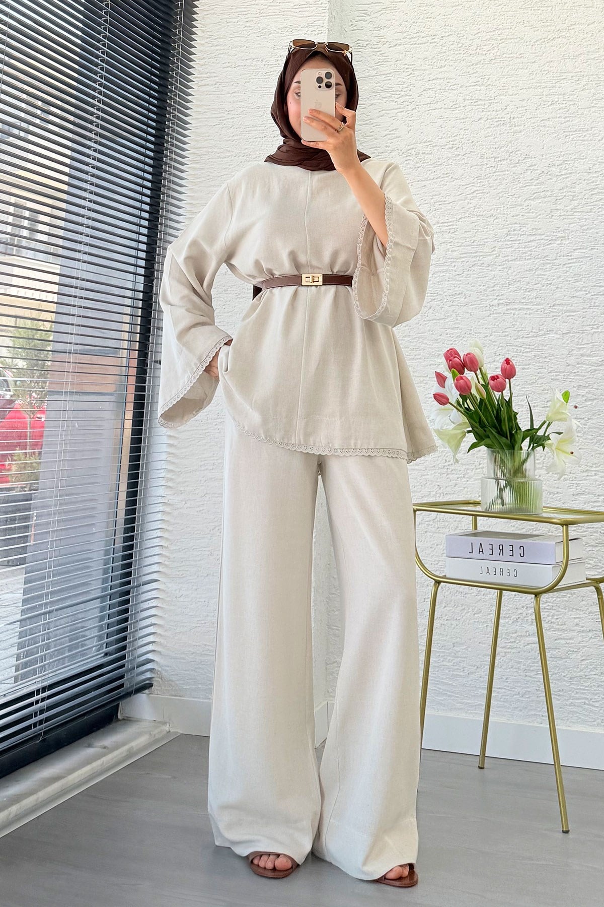 Premium Fisto Detaylı Nua Keten Pantolon Takım - Natural