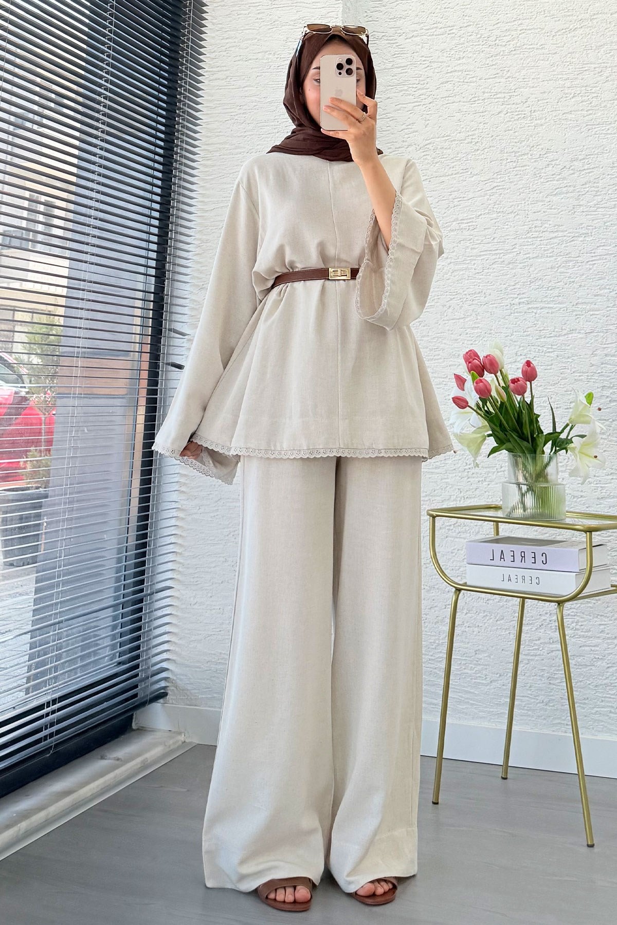 Premium Fisto Detaylı Nua Keten Pantolon Takım - Natural
