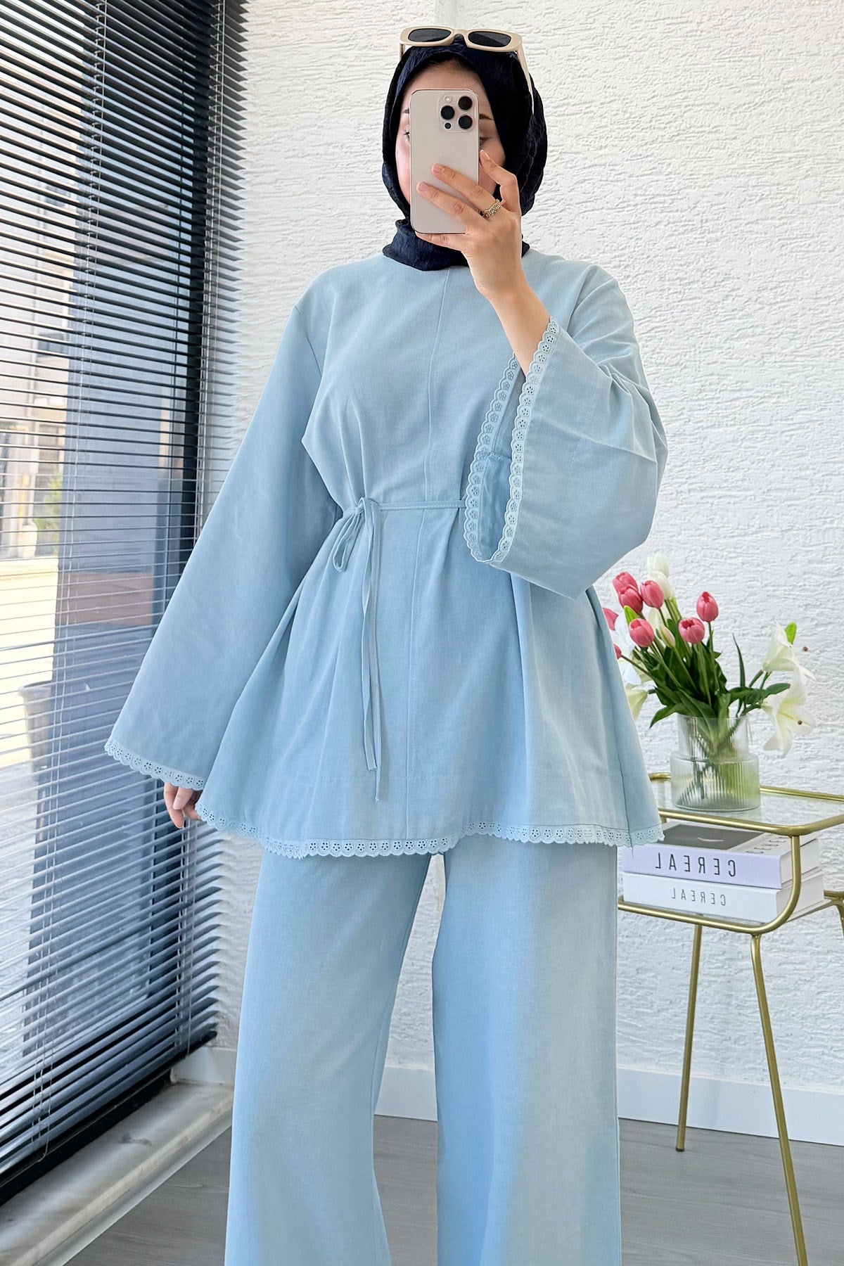 Premium Fisto Detaylı Nua Keten Pantolon Takım - Mavi
