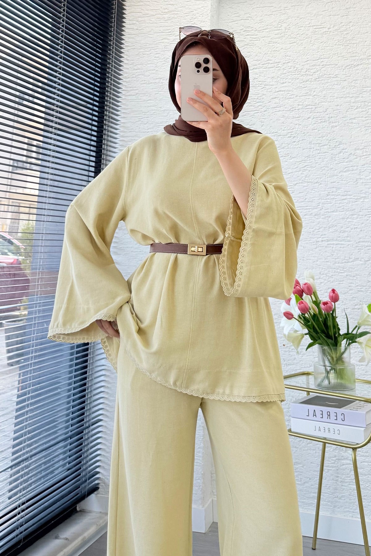 Premium Fisto Detaylı Nua Keten Pantolon Takım - Hardal