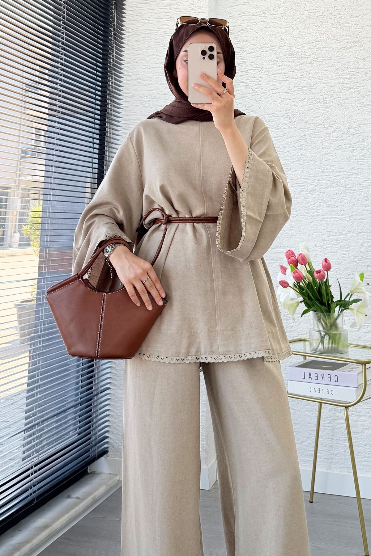 Premium Fisto Detaylı Nua Keten Pantolon Takım - Vizon