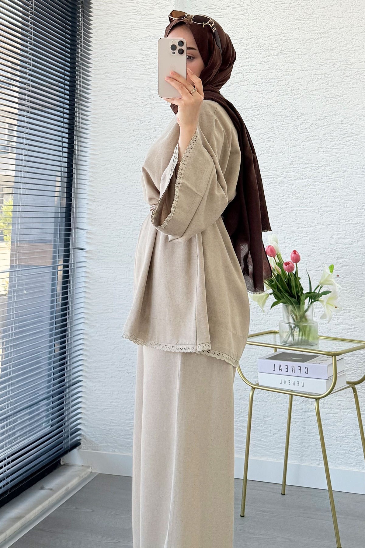 Premium Fisto Detaylı Nua Keten Pantolon Takım - Vizon