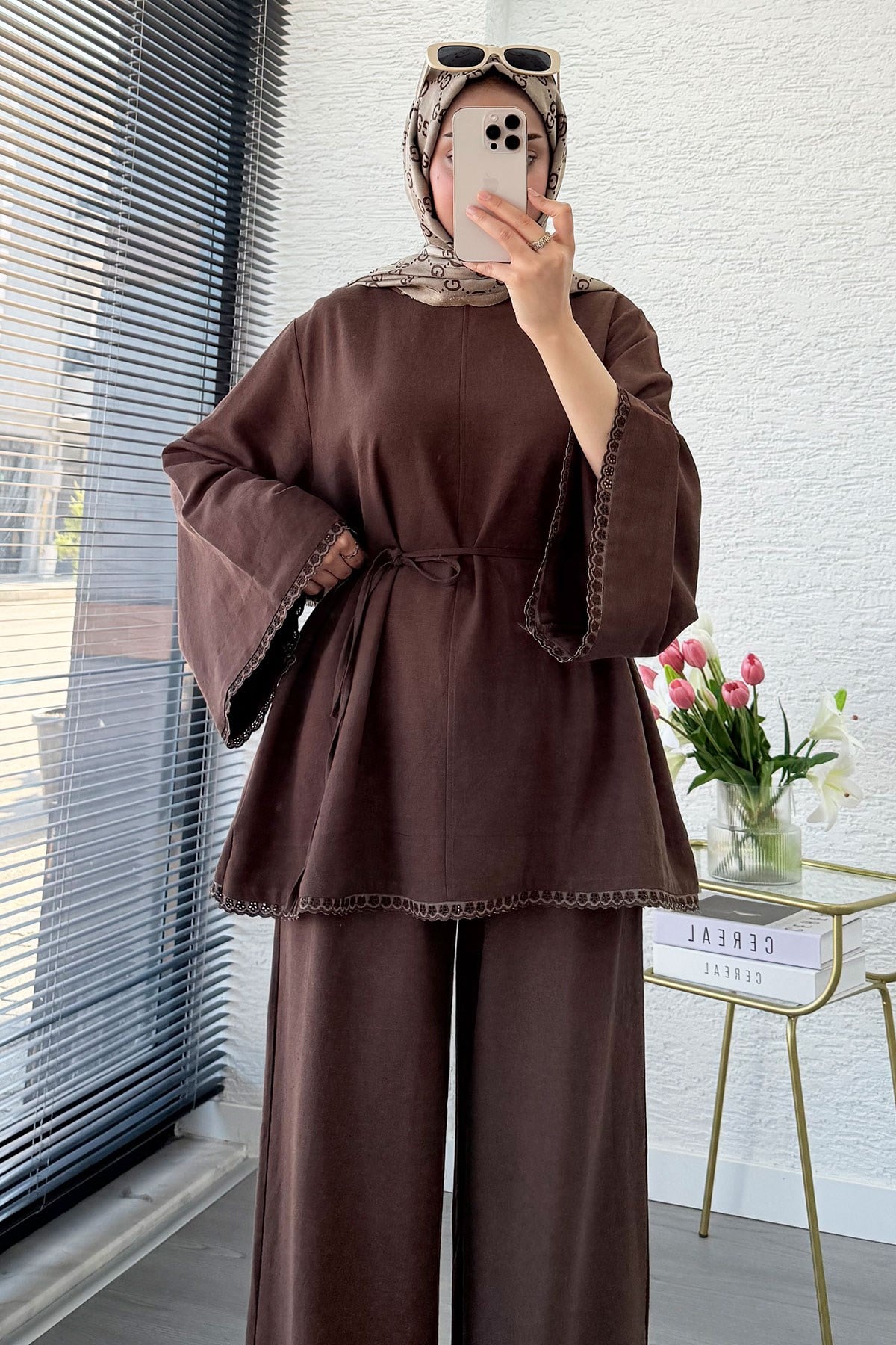 Premium Fisto Detaylı Nua Keten Pantolon Takım - Kahverengi