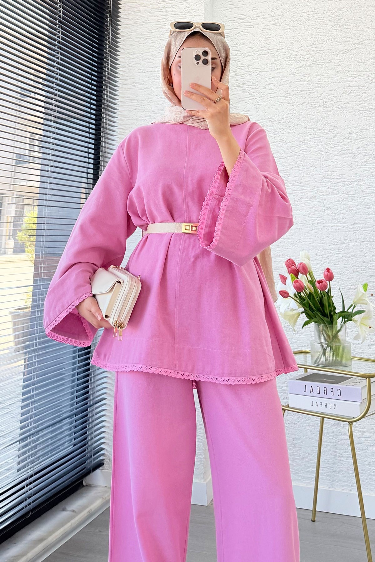Premium Fisto Detaylı Nua Keten Pantolon Takım - Pembe