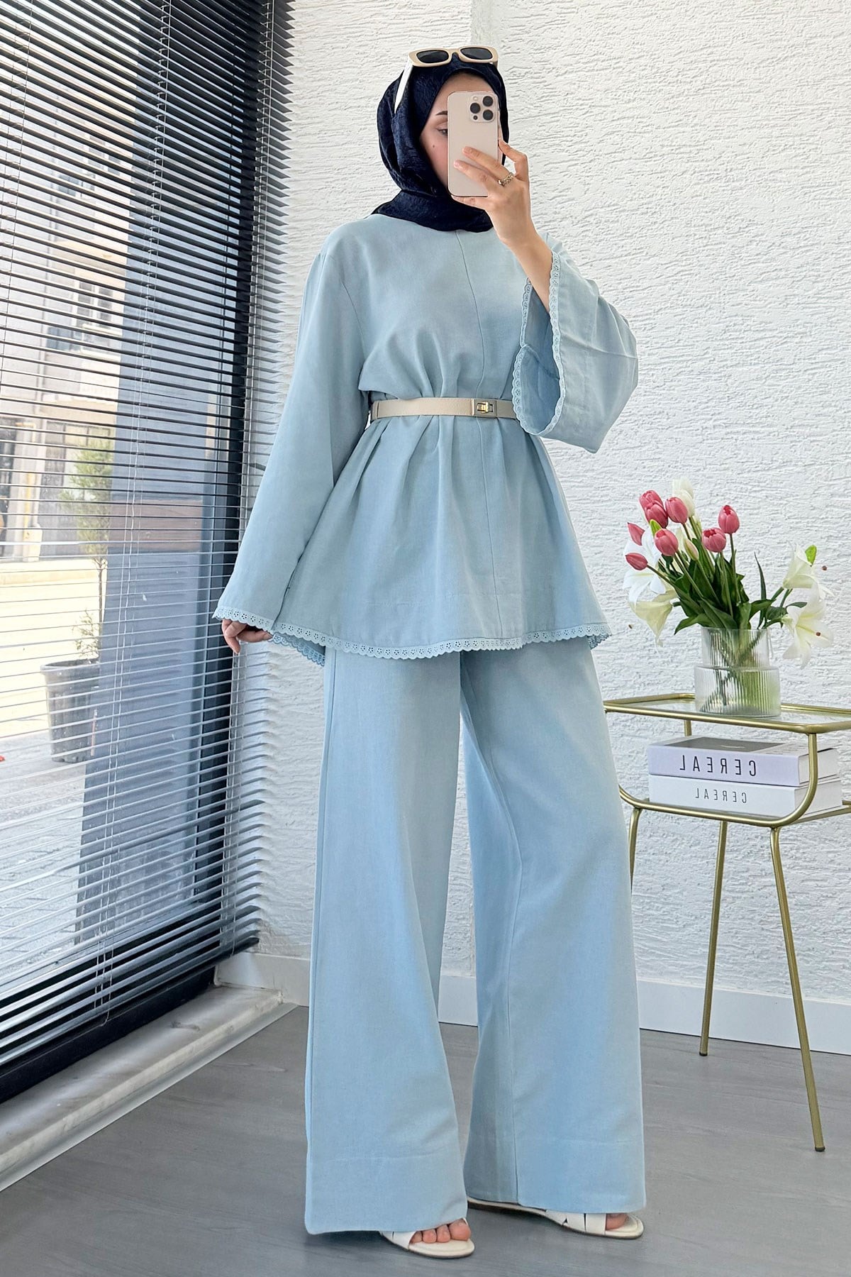Premium Fisto Detaylı Nua Keten Pantolon Takım - Mavi