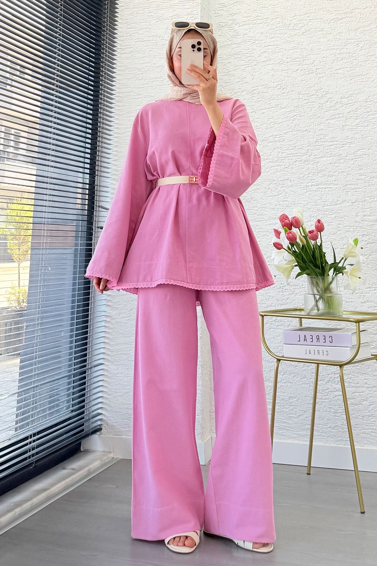 Premium Fisto Detaylı Nua Keten Pantolon Takım - Pembe
