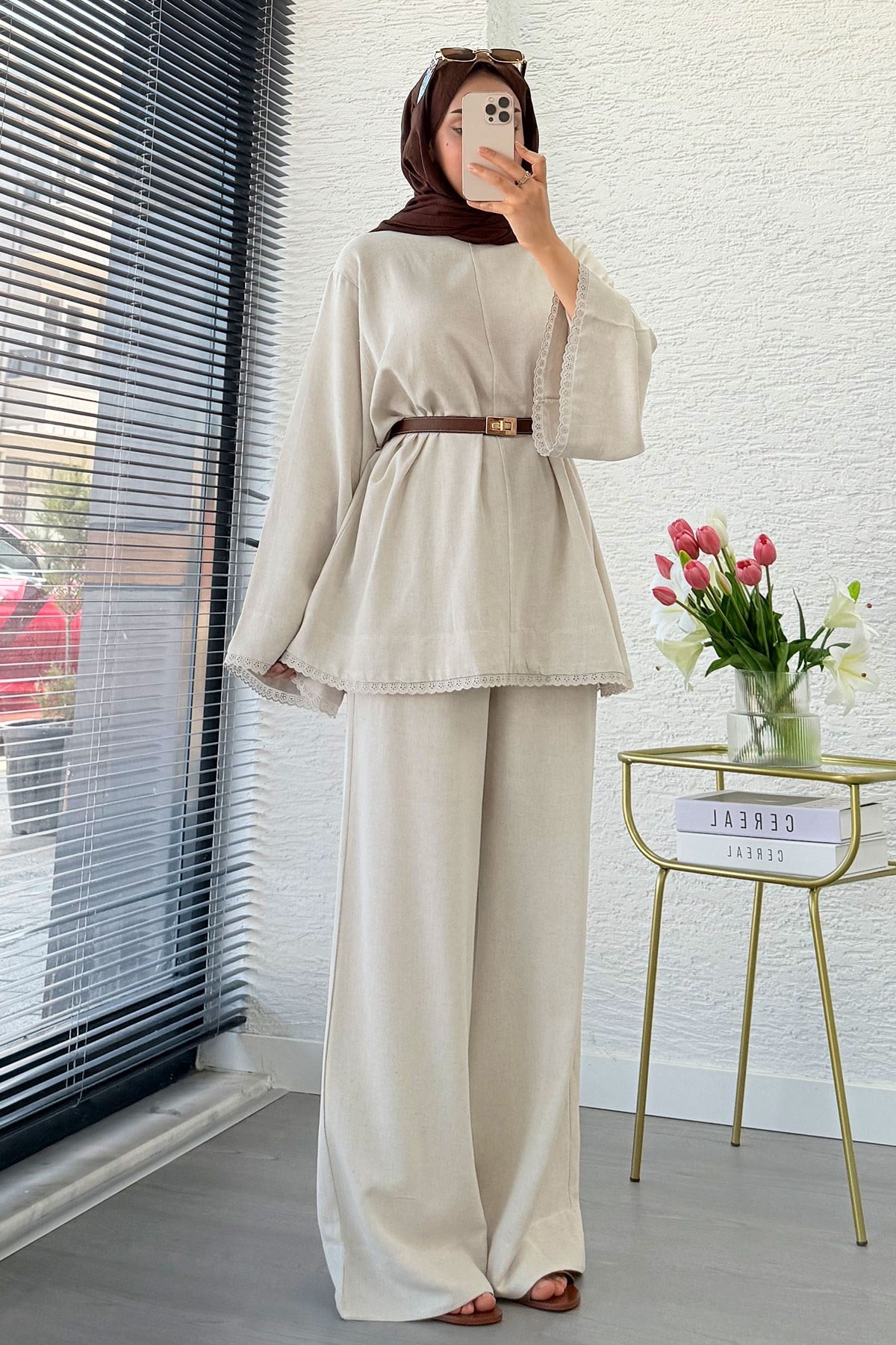 Premium Fisto Detaylı Nua Keten Pantolon Takım - Natural