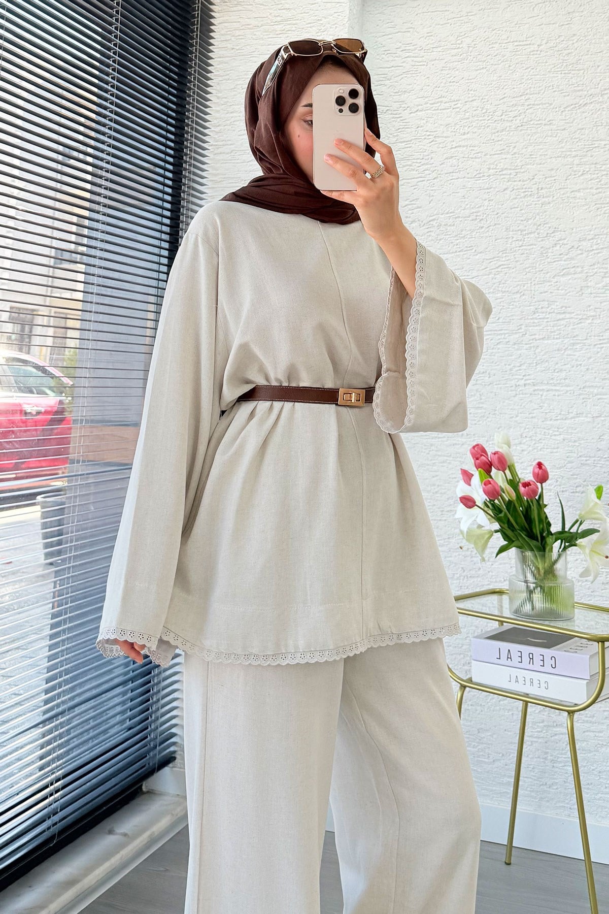 Premium Fisto Detaylı Nua Keten Pantolon Takım - Natural