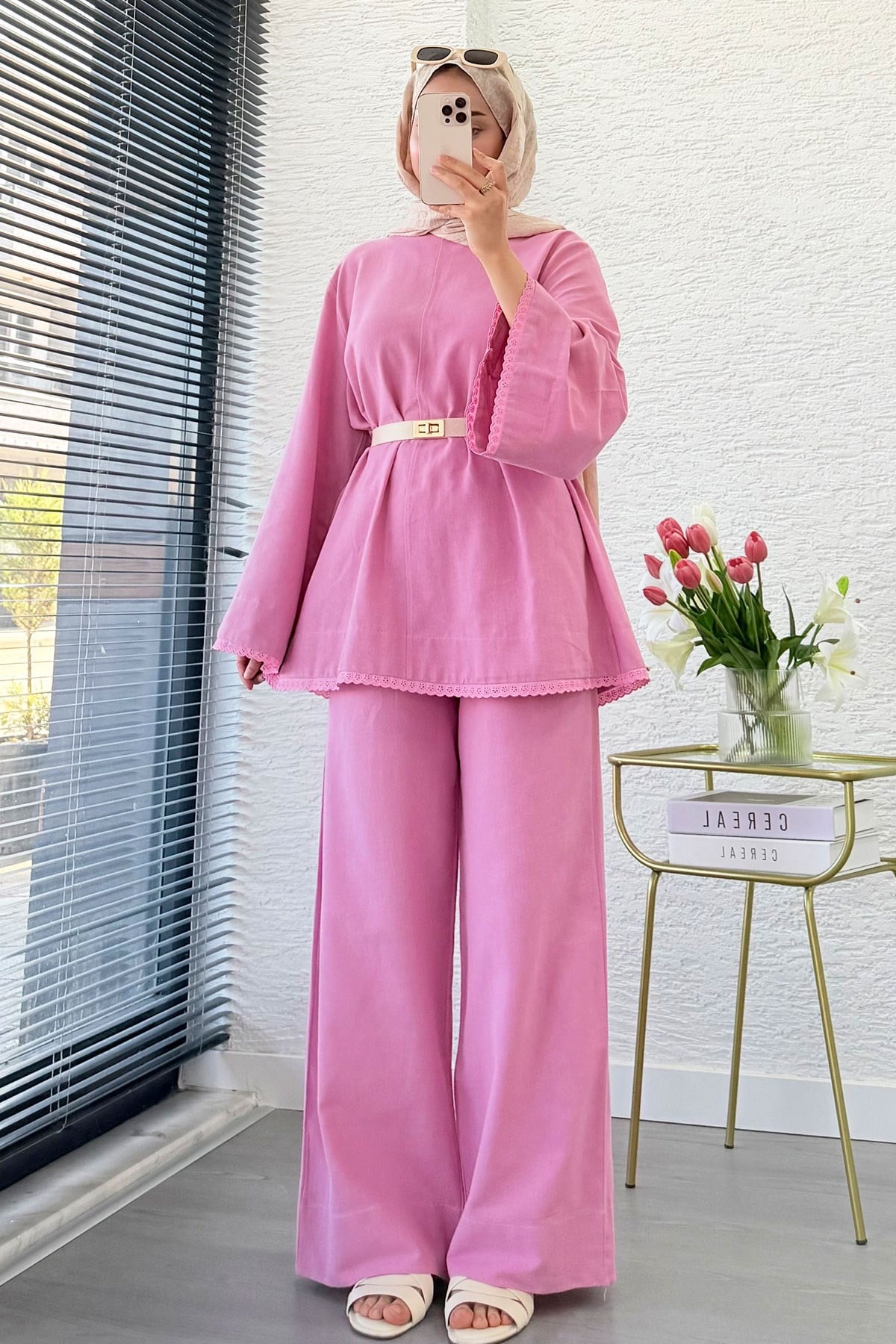 Premium Fisto Detaylı Nua Keten Pantolon Takım - Pembe