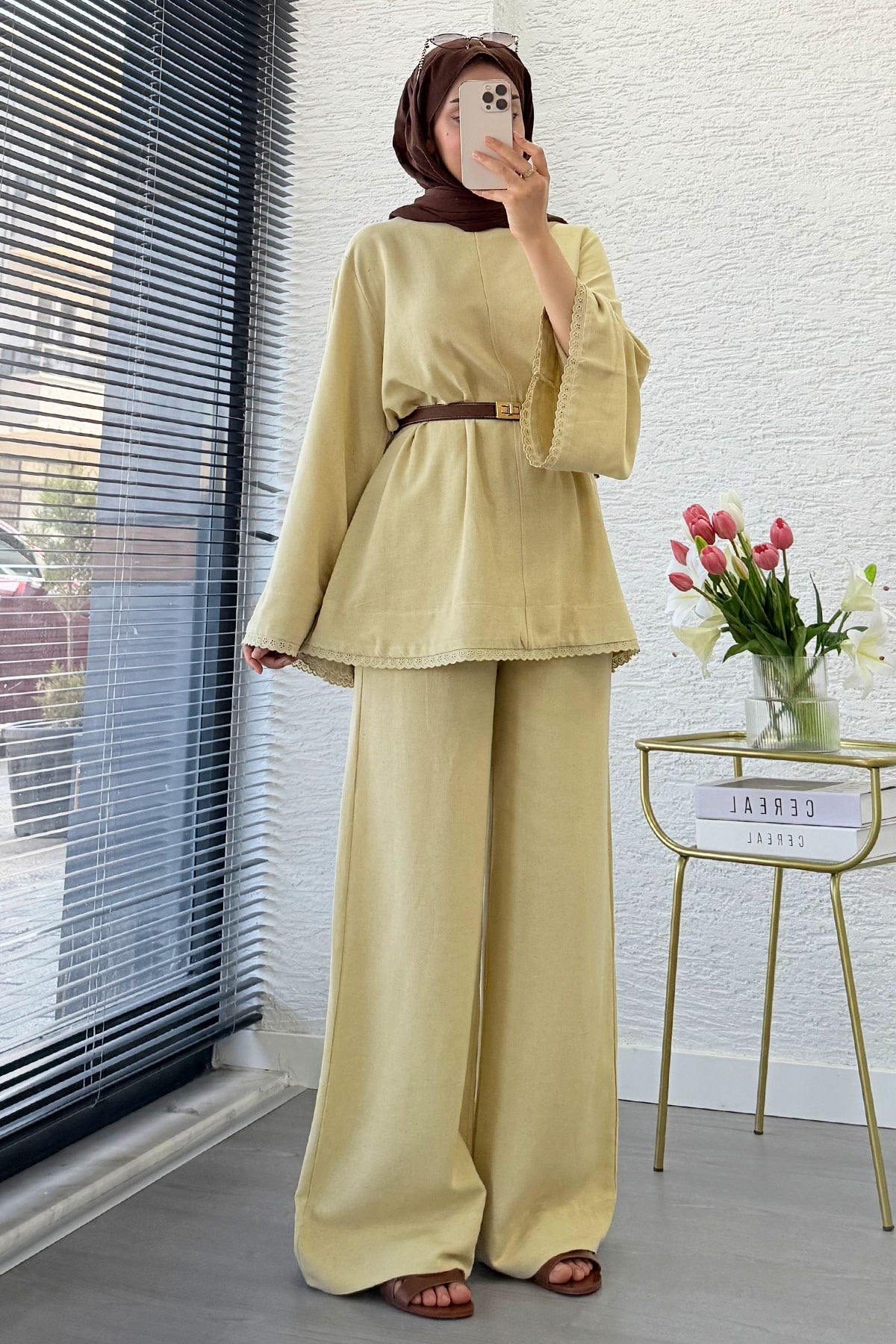 Premium Fisto Detaylı Nua Keten Pantolon Takım - Hardal