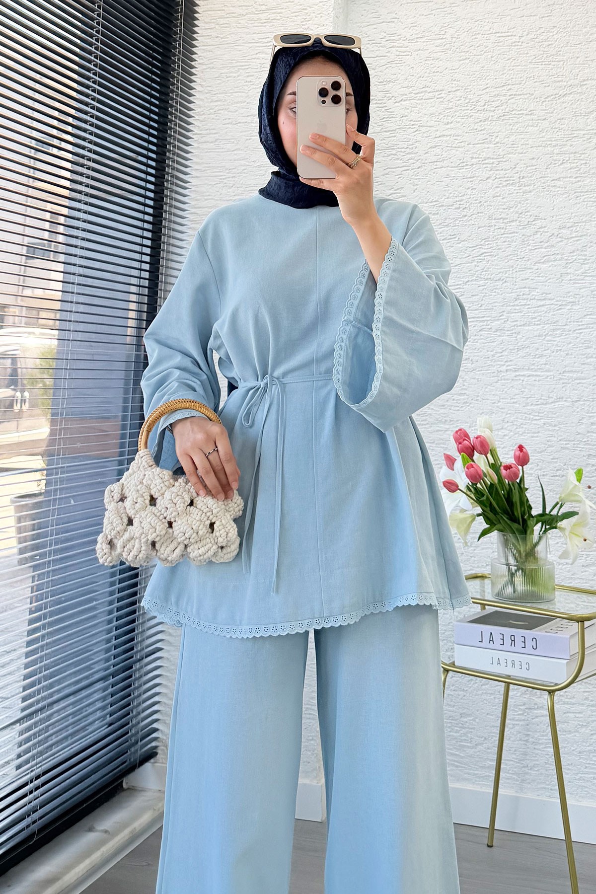 Premium Fisto Detaylı Nua Keten Pantolon Takım - Mavi