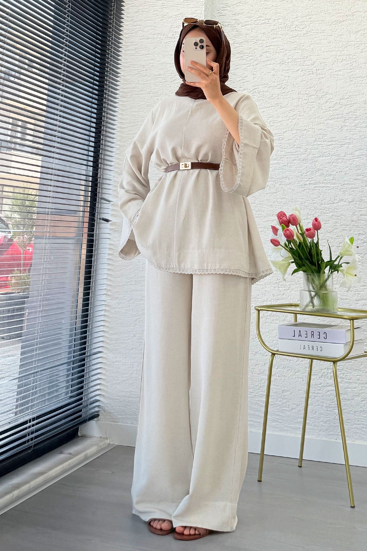 Premium Fisto Detaylı Nua Keten Pantolon Takım - Natural