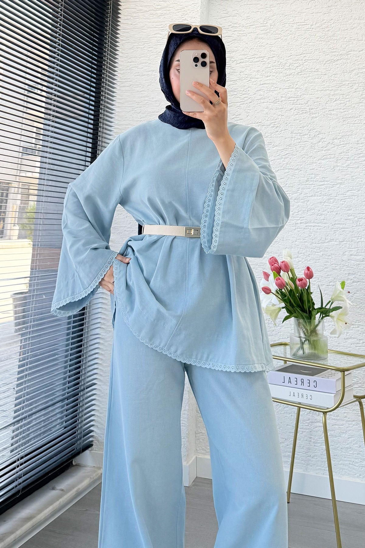 Premium Fisto Detaylı Nua Keten Pantolon Takım - Mavi