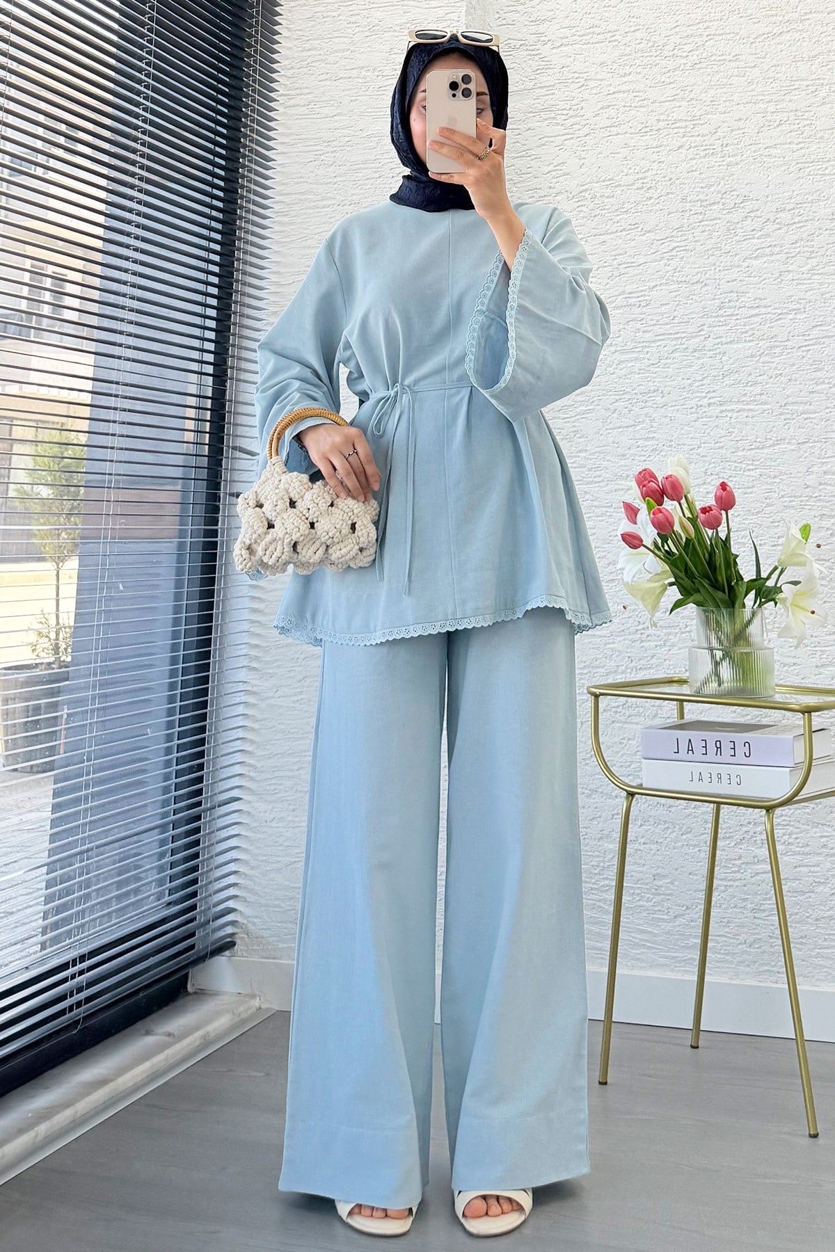 Premium Fisto Detaylı Nua Keten Pantolon Takım - Mavi
