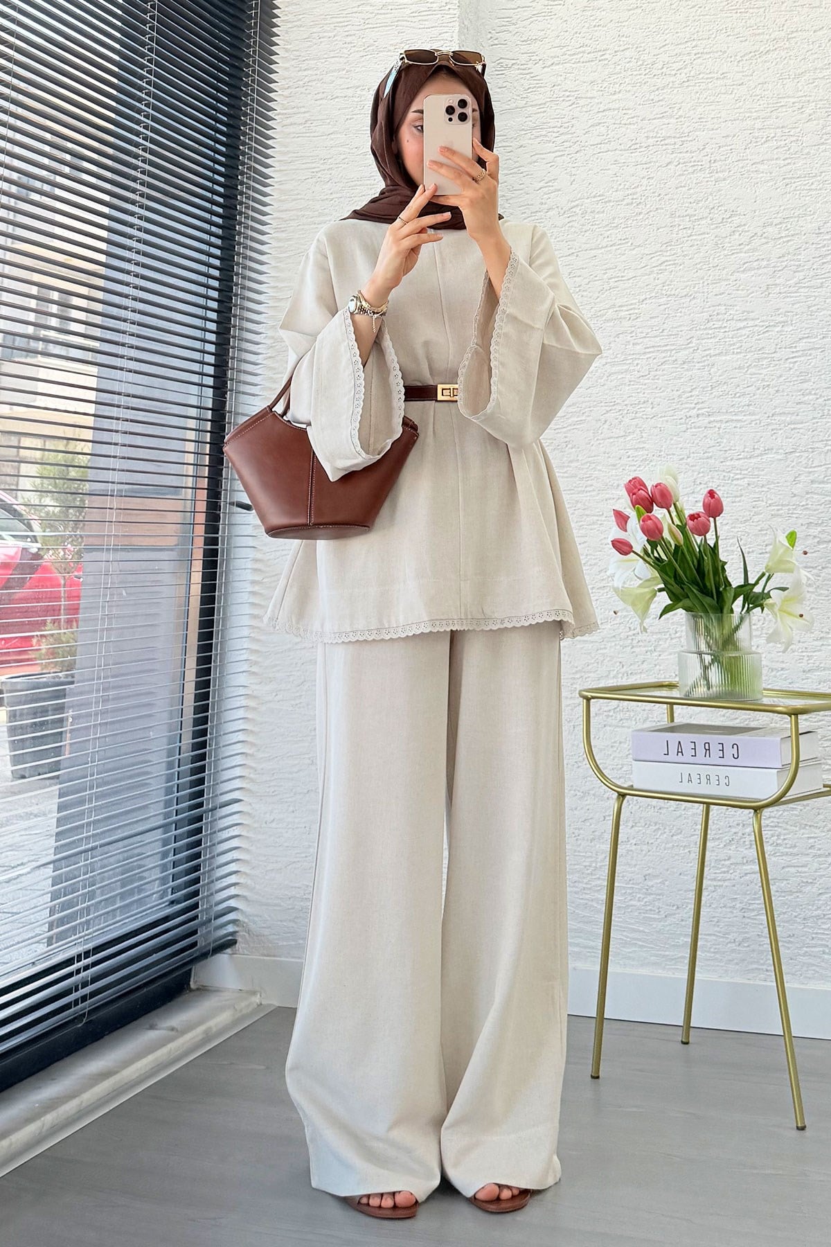 Premium Fisto Detaylı Nua Keten Pantolon Takım - Natural