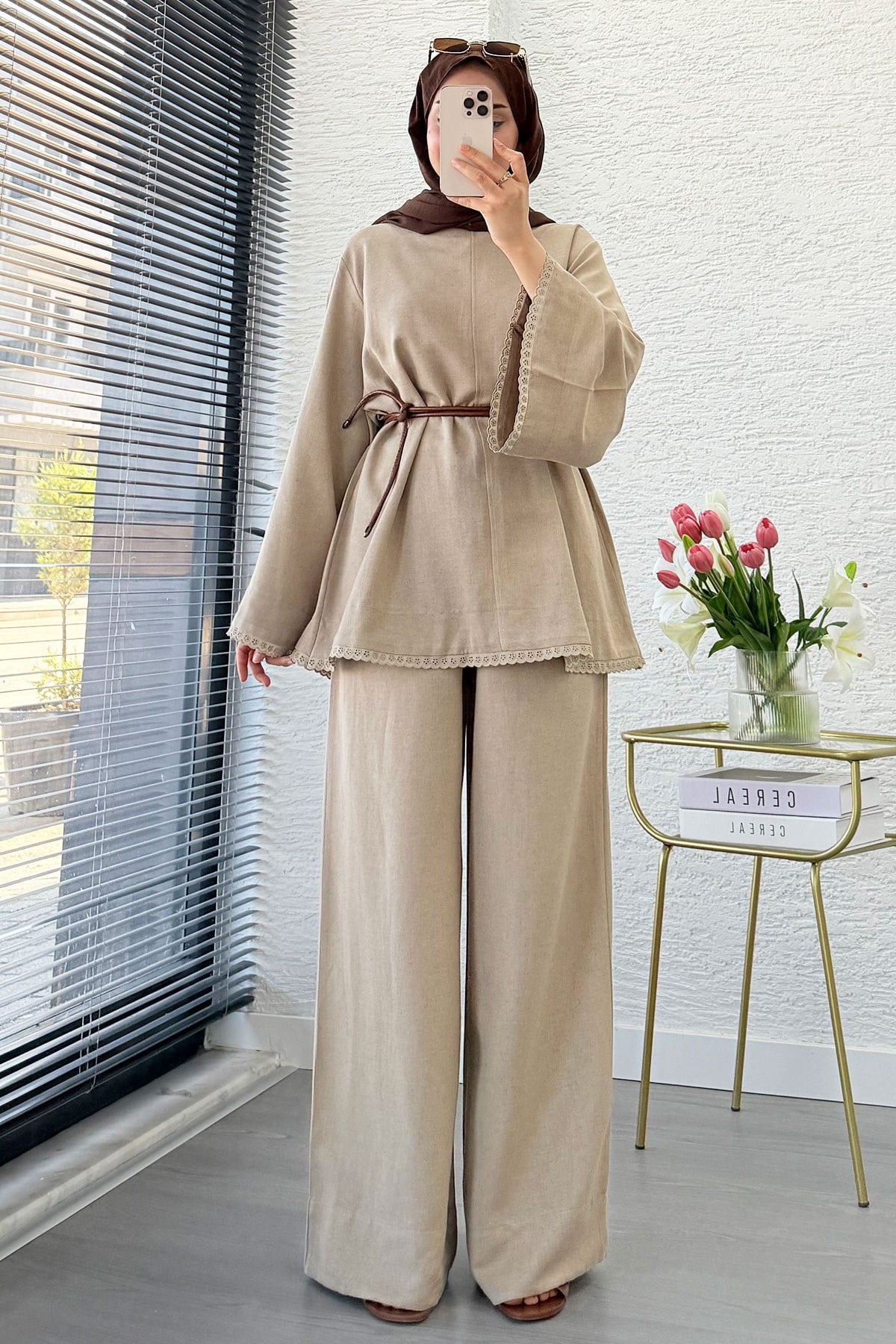 Premium Fisto Detaylı Nua Keten Pantolon Takım - Vizon