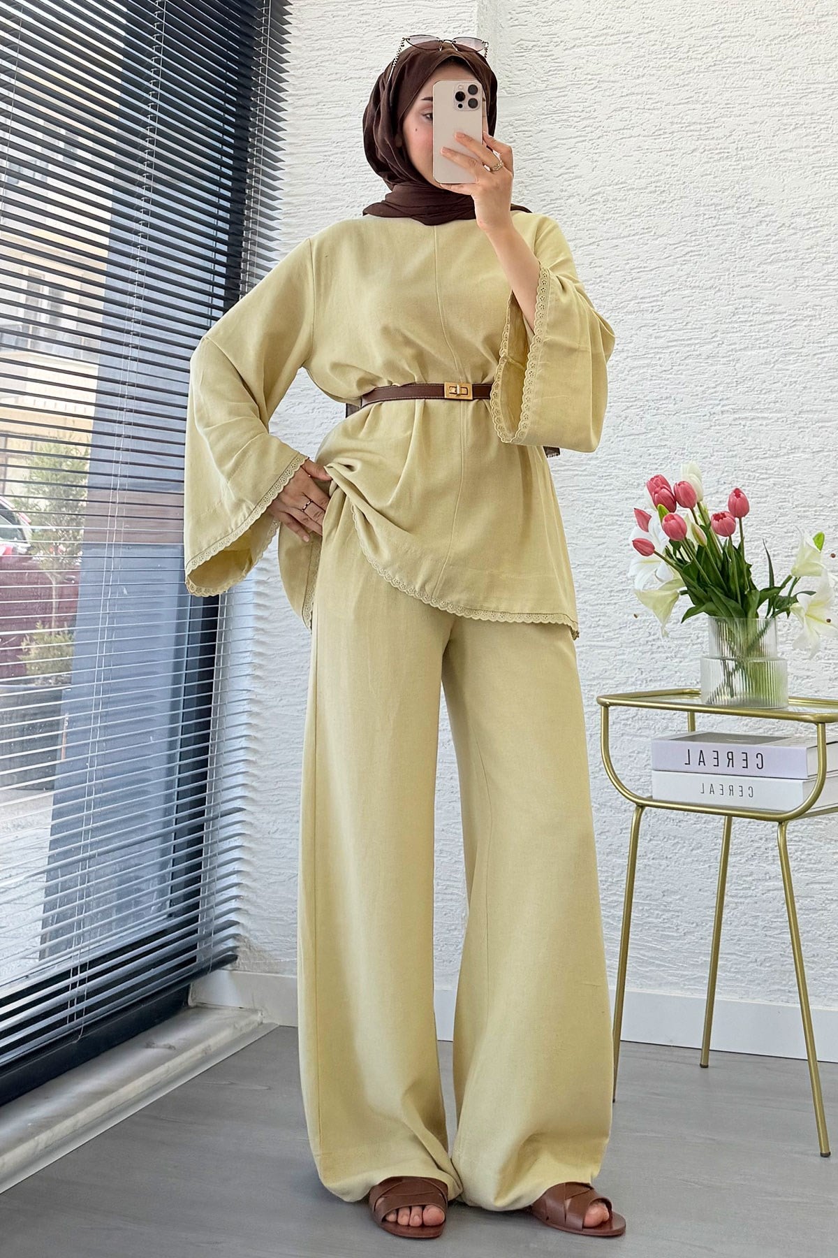 Premium Fisto Detaylı Nua Keten Pantolon Takım - Hardal