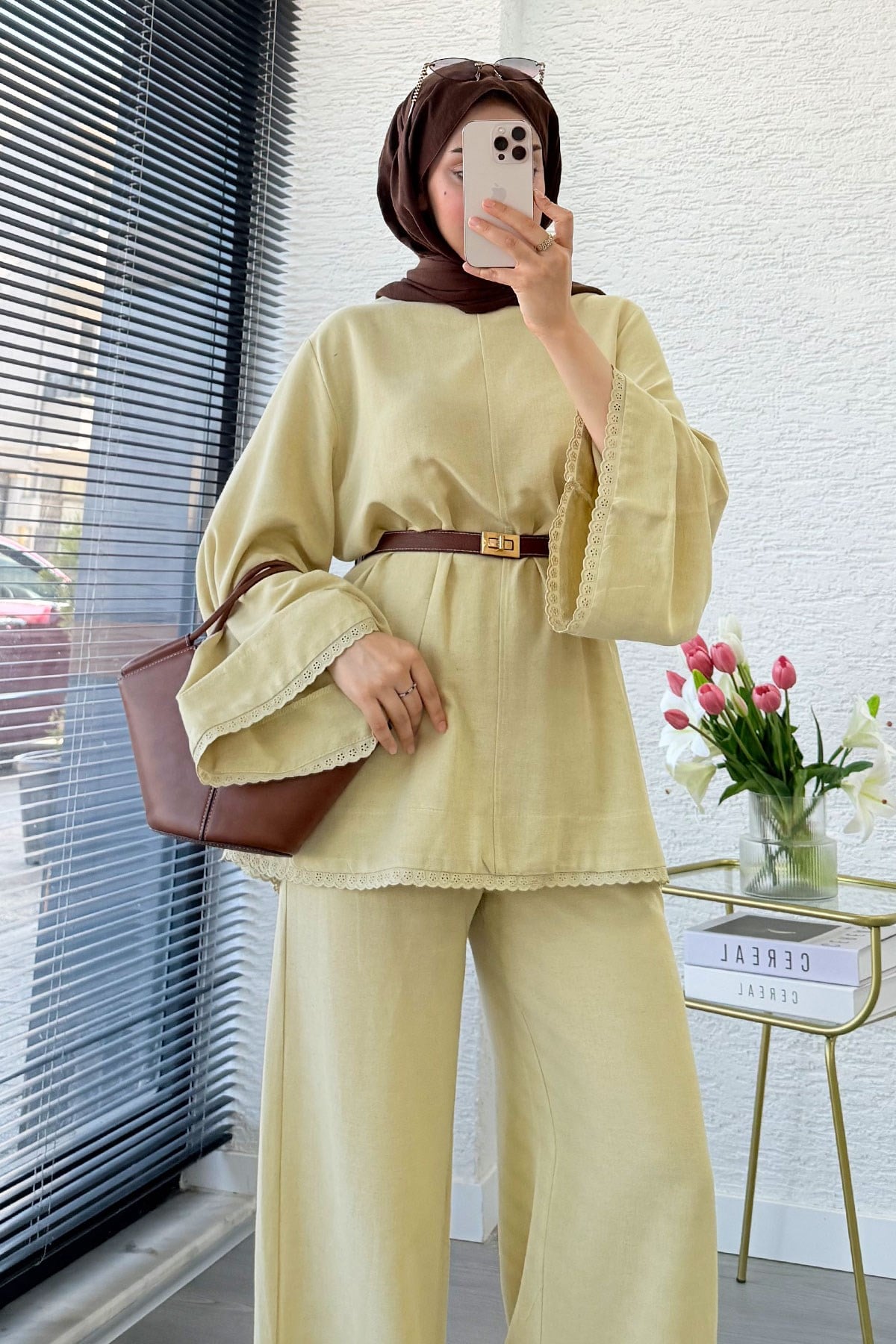 Premium Fisto Detaylı Nua Keten Pantolon Takım - Hardal