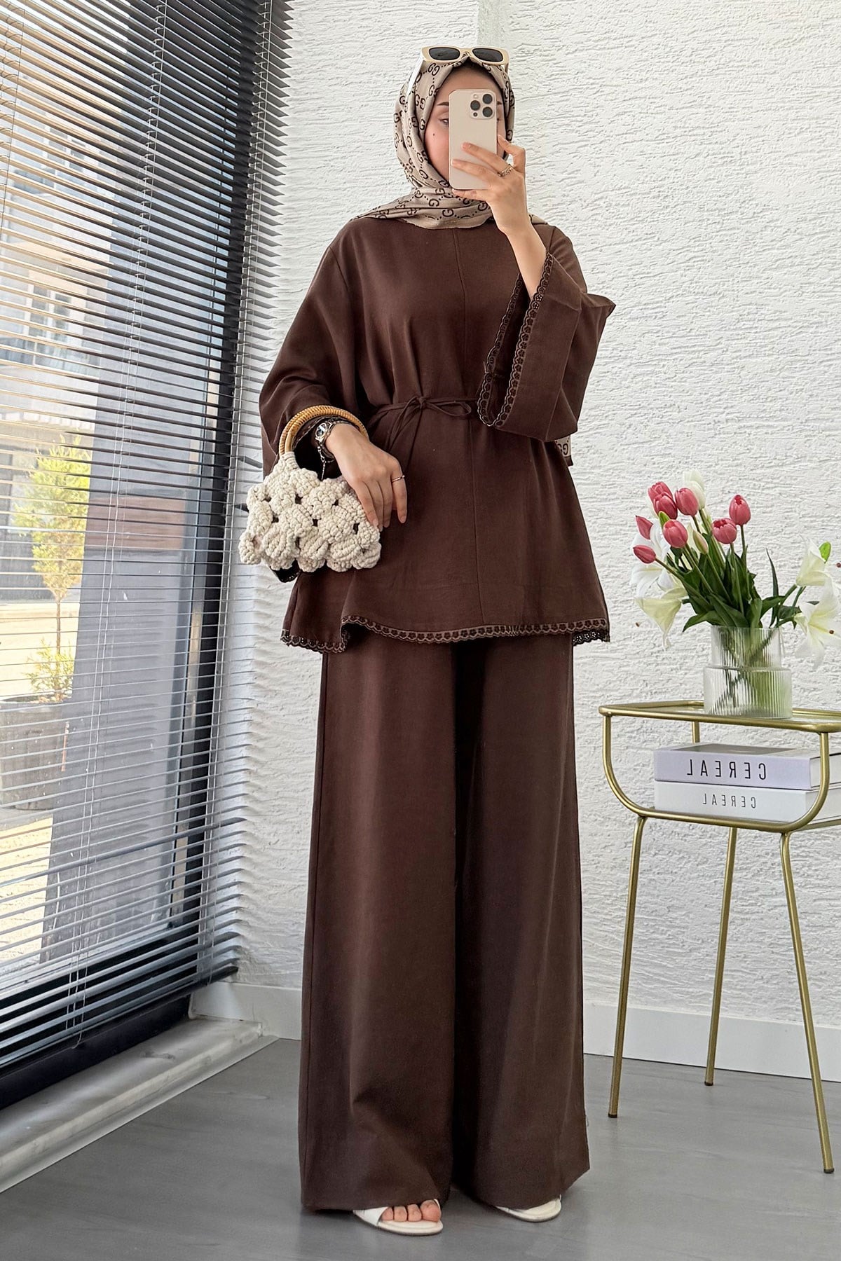 Premium Fisto Detaylı Nua Keten Pantolon Takım - Kahverengi