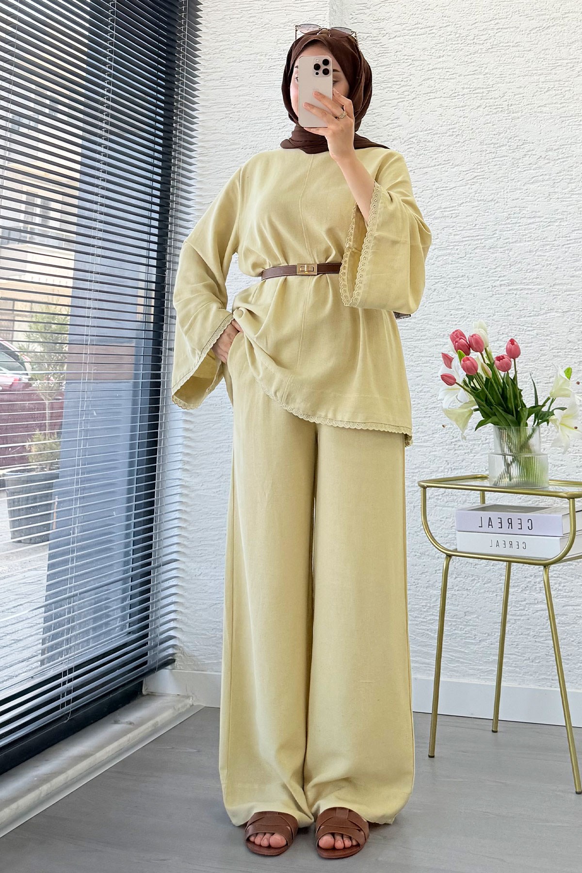 Premium Fisto Detaylı Nua Keten Pantolon Takım - Hardal