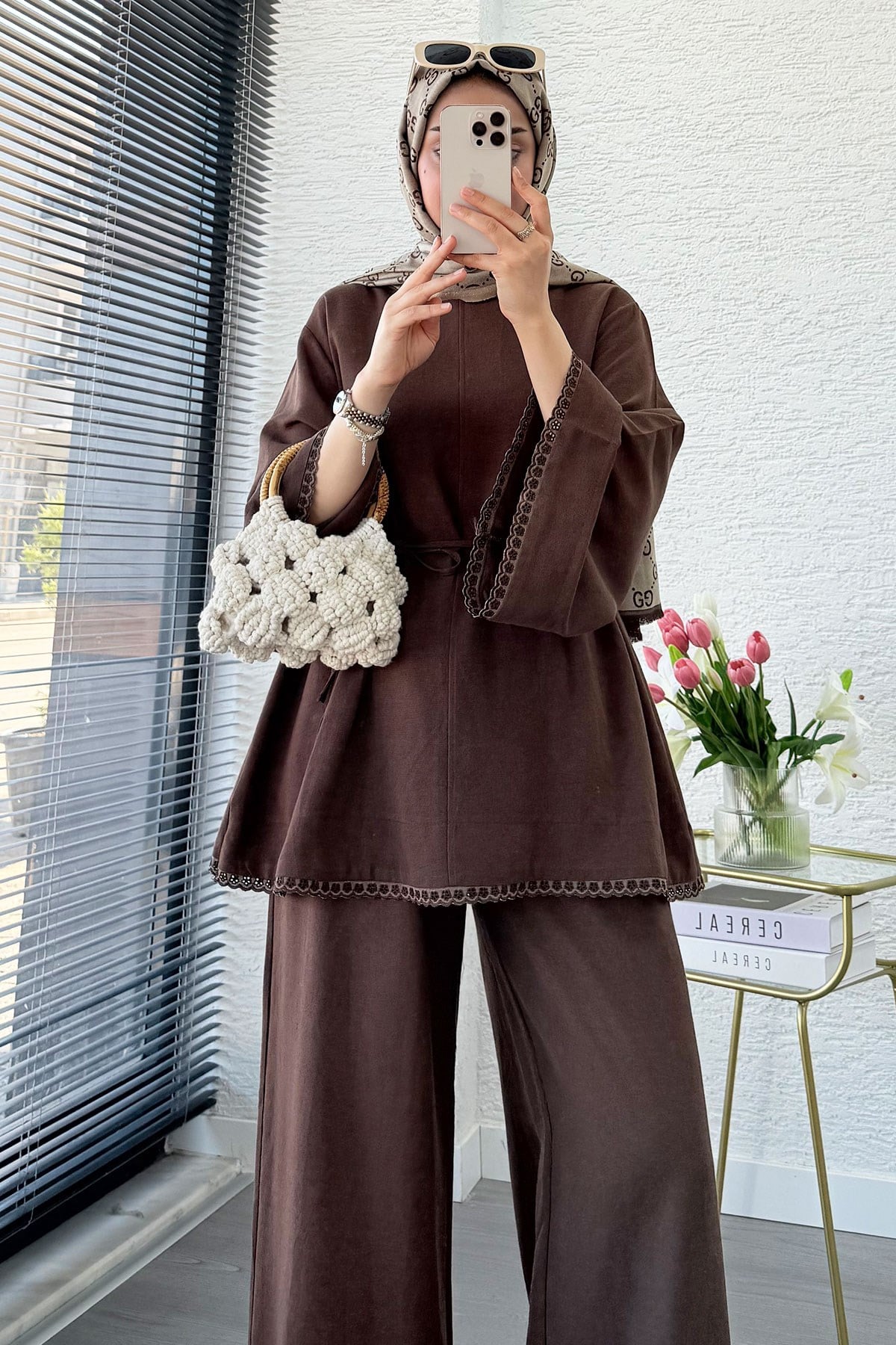 Premium Fisto Detaylı Nua Keten Pantolon Takım - Kahverengi