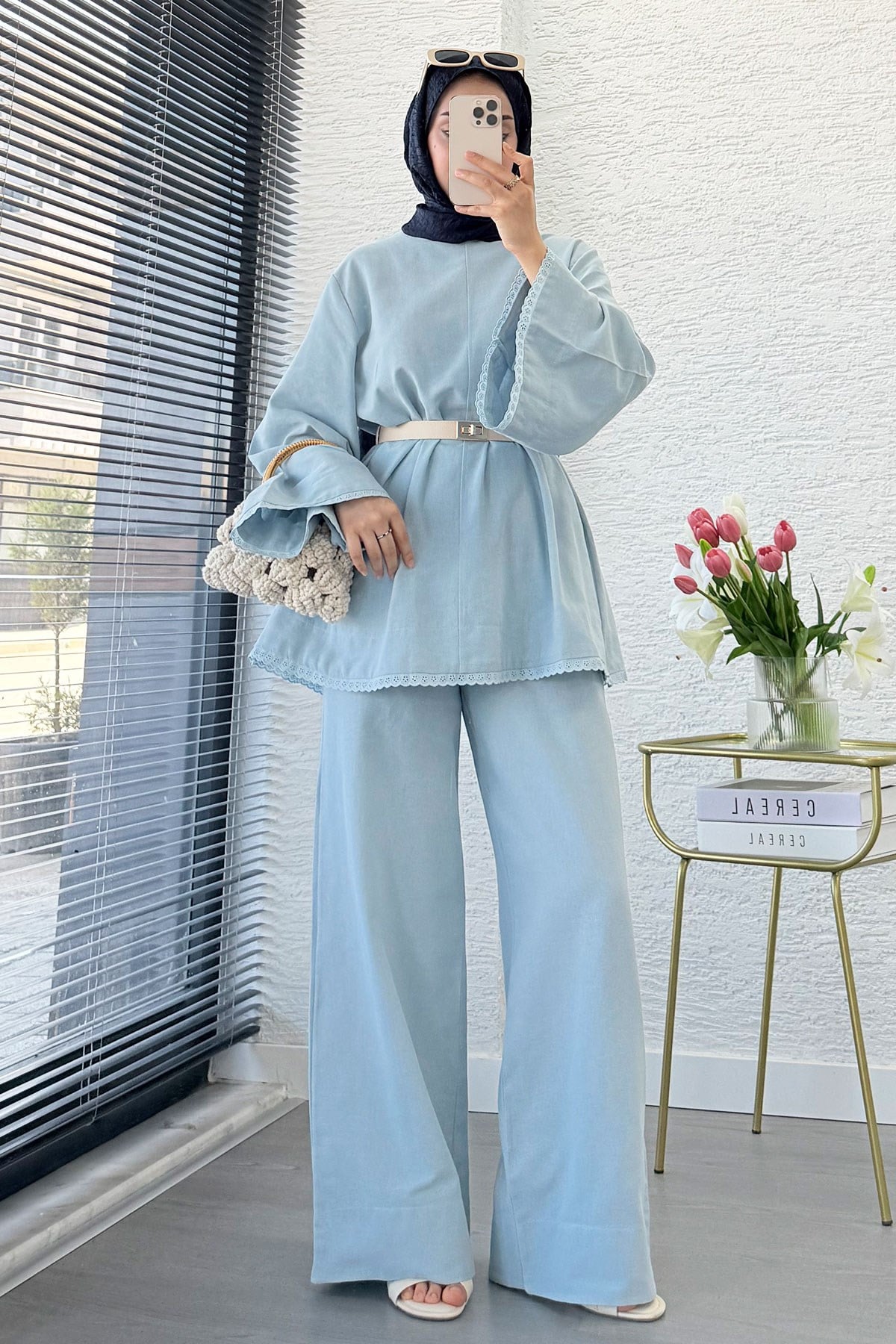 Premium Fisto Detaylı Nua Keten Pantolon Takım - Mavi