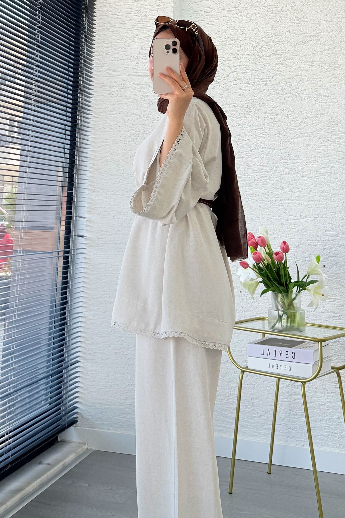 Premium Fisto Detaylı Nua Keten Pantolon Takım - Natural