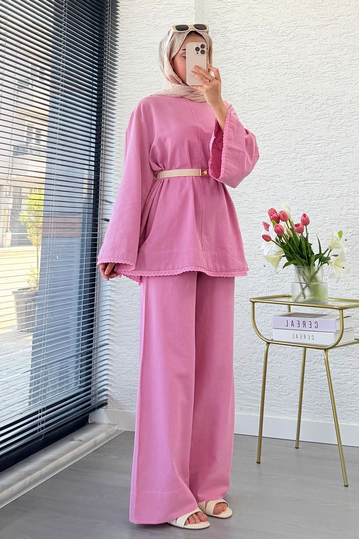 Premium Fisto Detaylı Nua Keten Pantolon Takım - Pembe