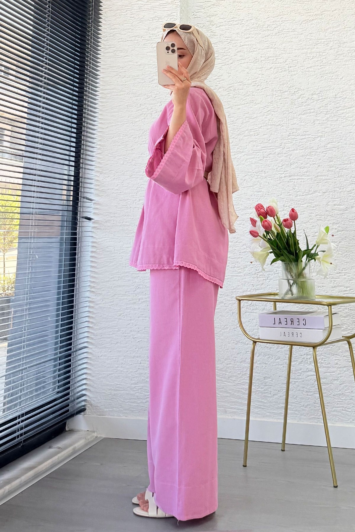 Premium Fisto Detaylı Nua Keten Pantolon Takım - Pembe