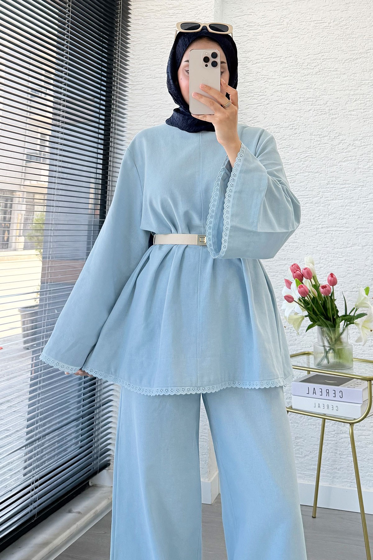 Premium Fisto Detaylı Nua Keten Pantolon Takım - Mavi