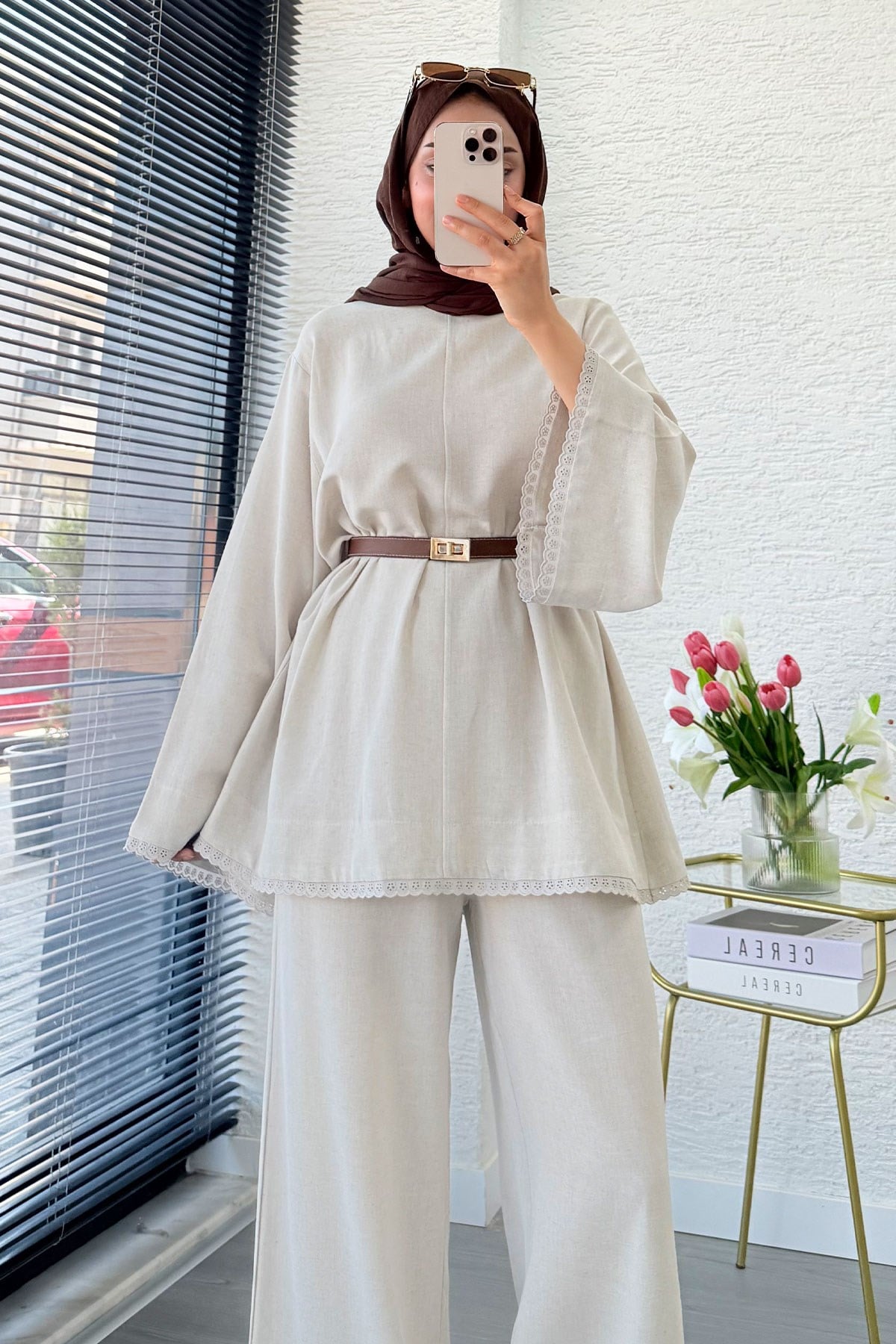 Premium Fisto Detaylı Nua Keten Pantolon Takım - Natural