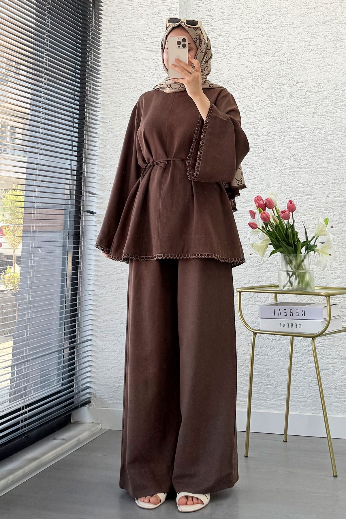 Premium Fisto Detaylı Nua Keten Pantolon Takım - Kahverengi