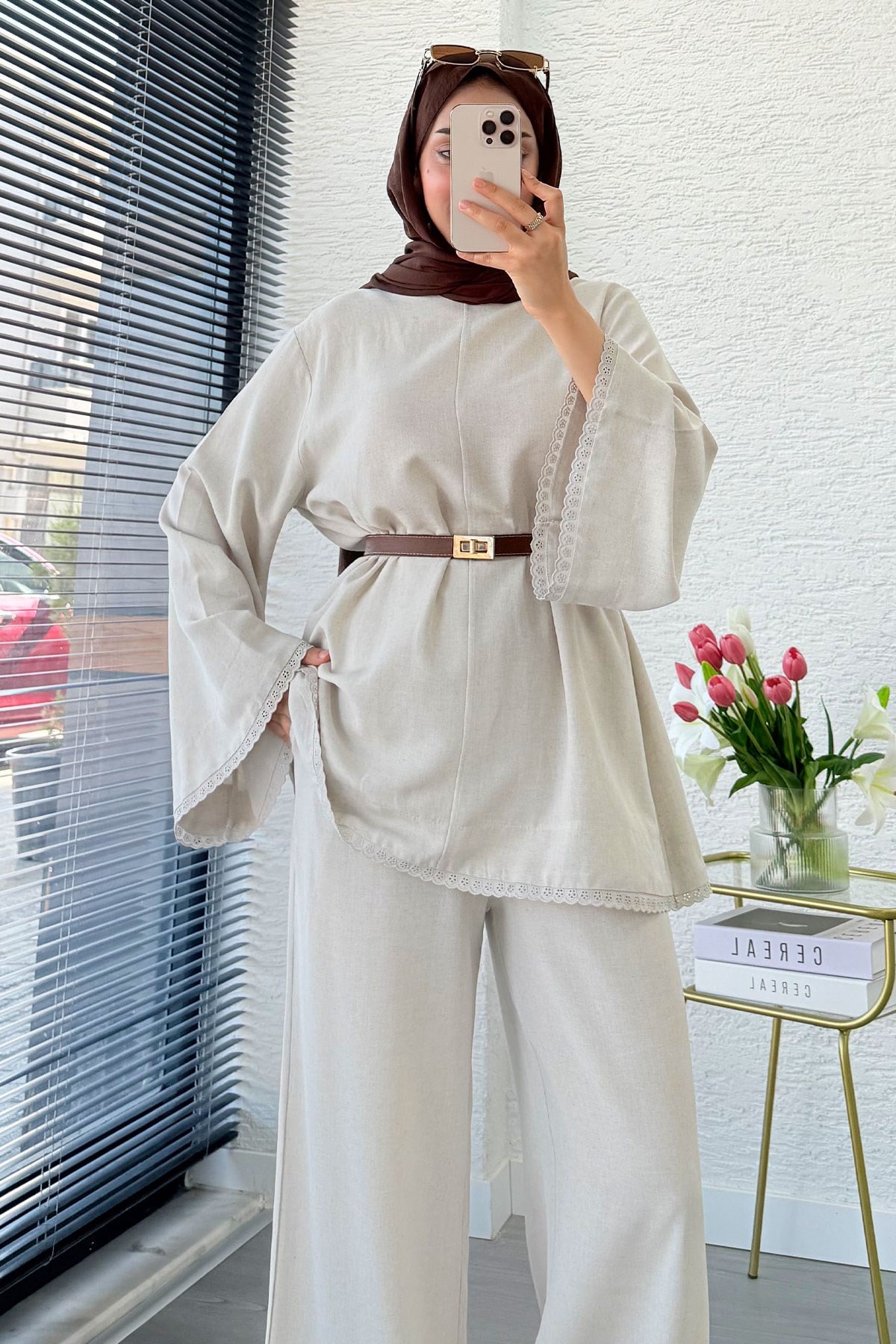 Premium Fisto Detaylı Nua Keten Pantolon Takım - Natural