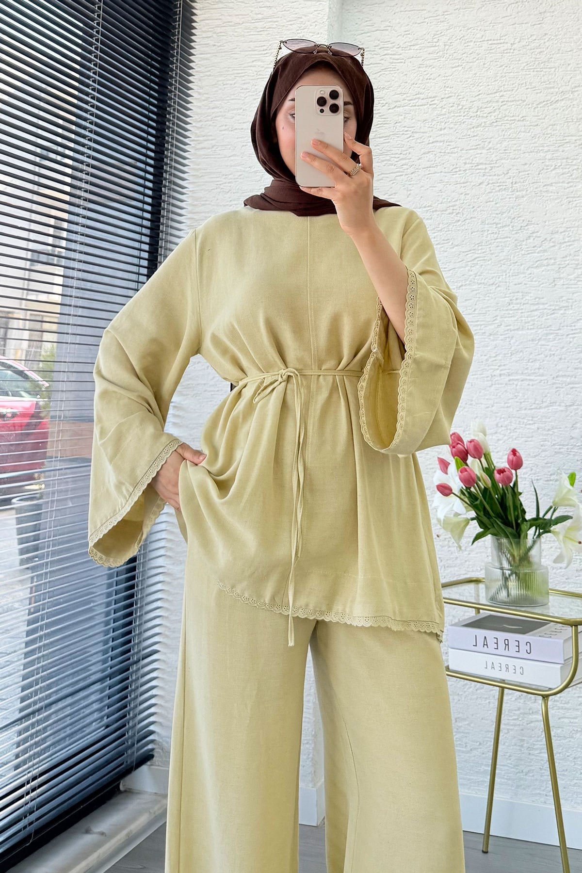 Premium Fisto Detaylı Nua Keten Pantolon Takım - Hardal