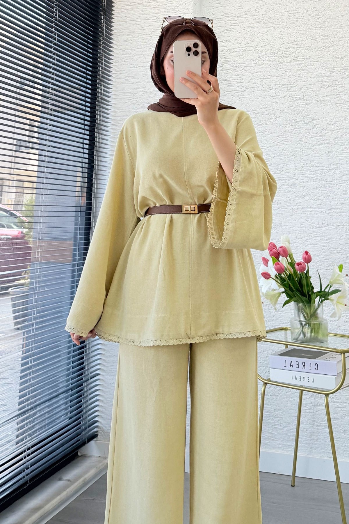 Premium Fisto Detaylı Nua Keten Pantolon Takım - Hardal
