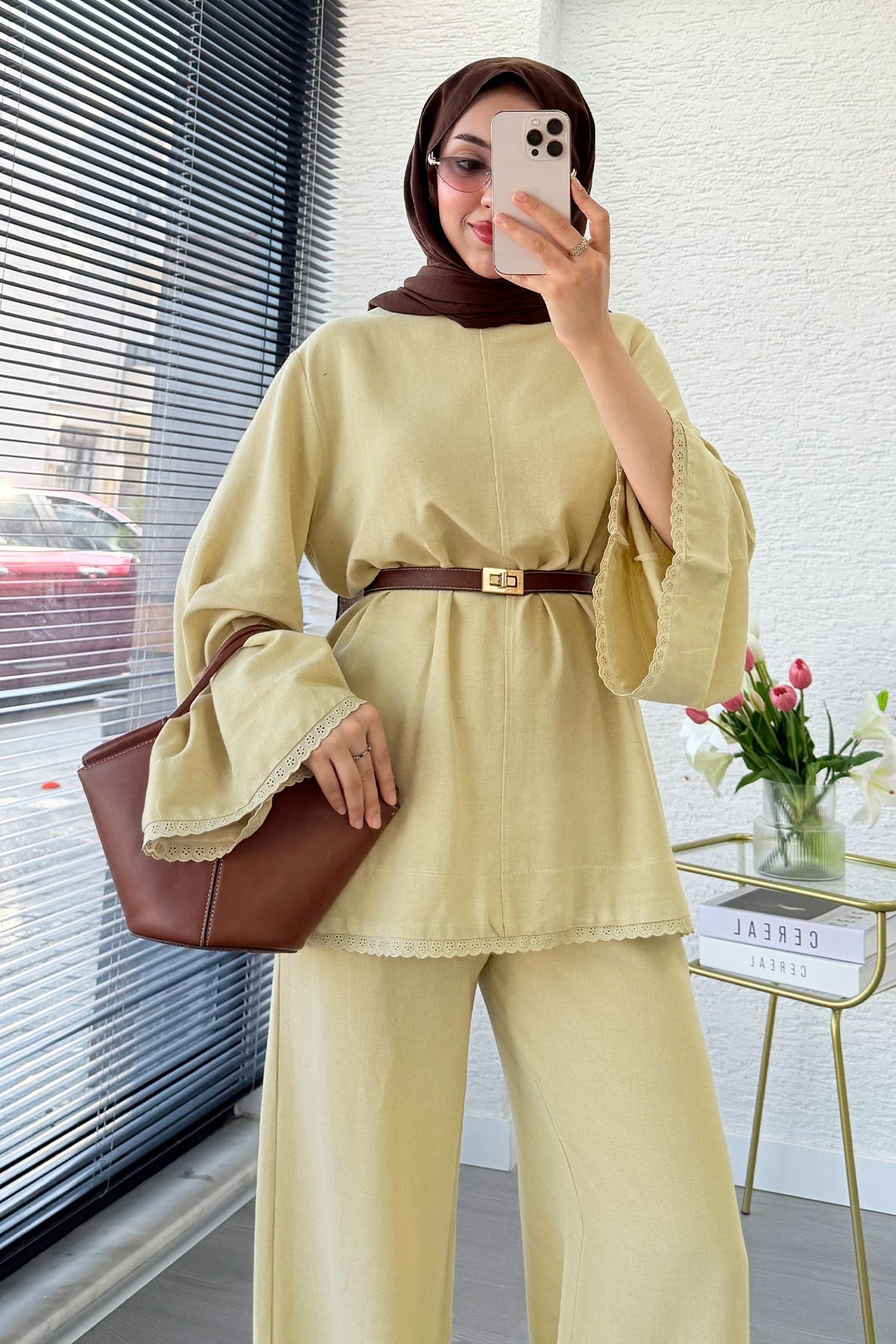 Premium Fisto Detaylı Nua Keten Pantolon Takım - Hardal