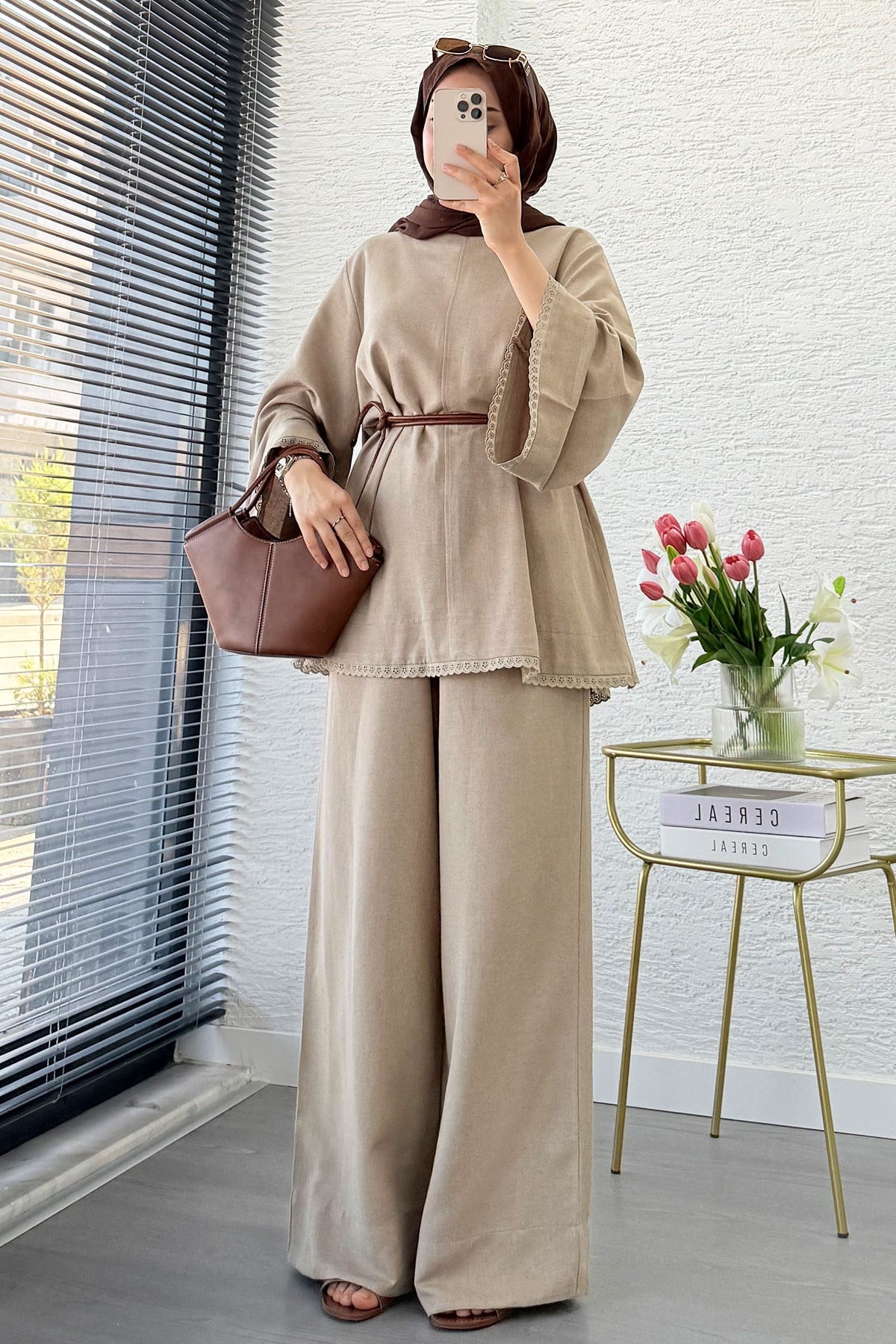 Premium Fisto Detaylı Nua Keten Pantolon Takım - Vizon