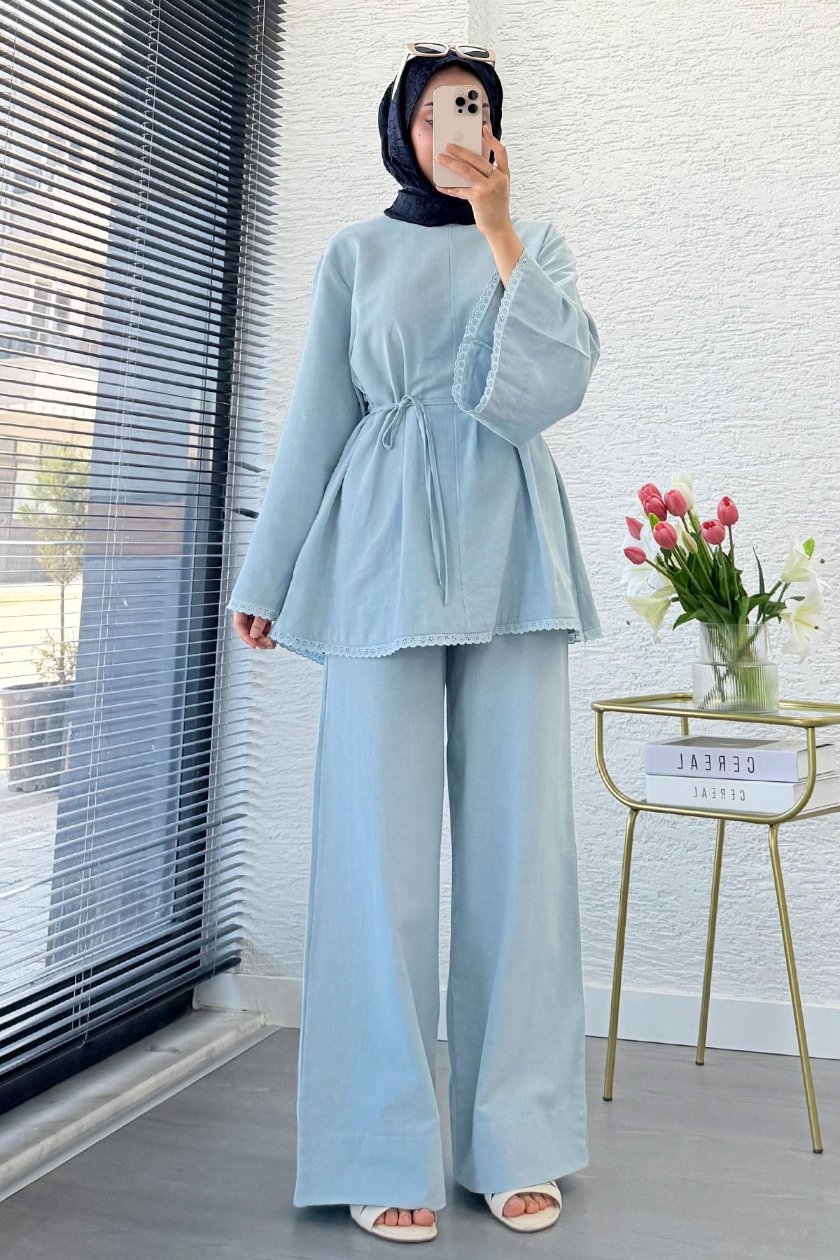 Premium Fisto Detaylı Nua Keten Pantolon Takım - Mavi