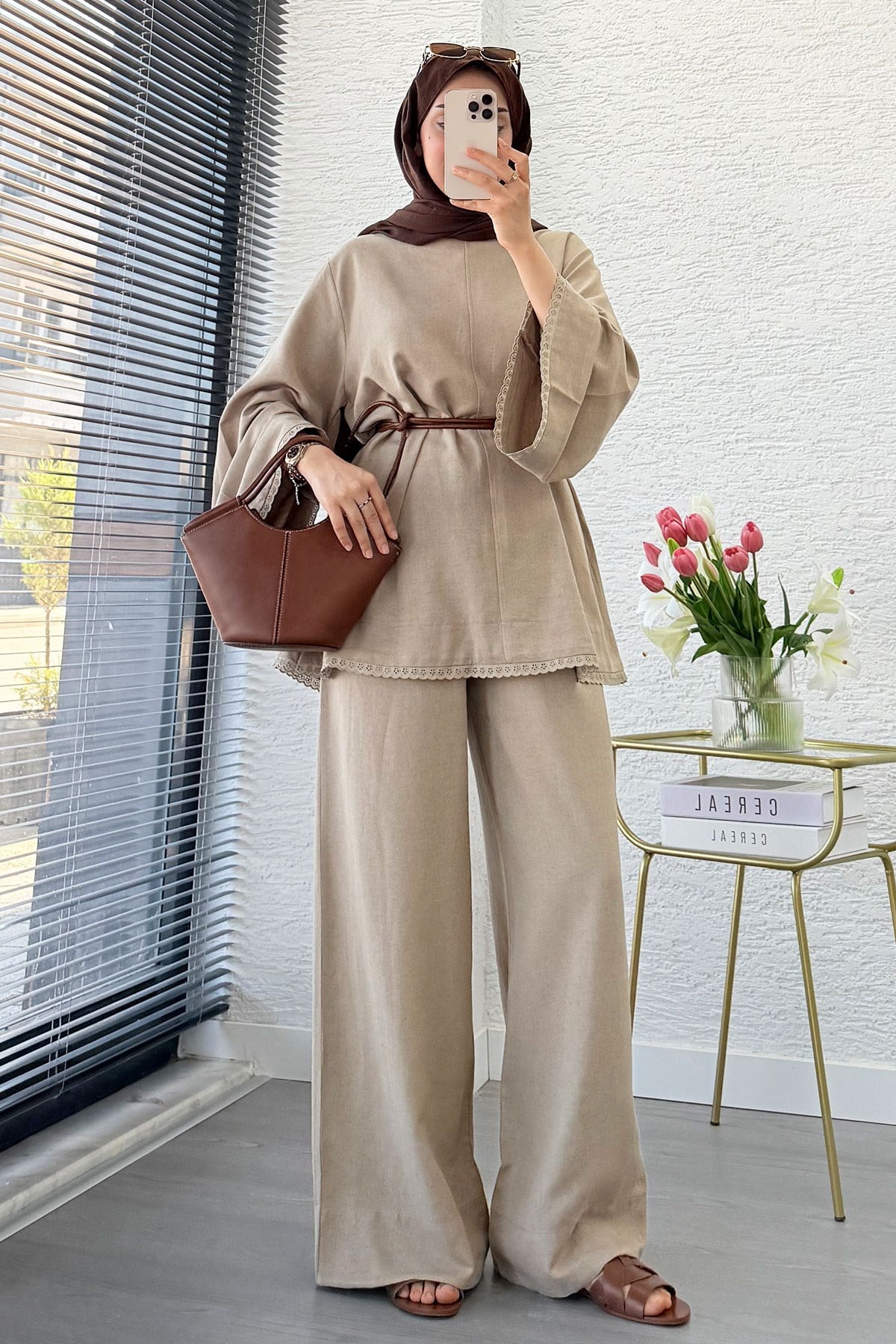 Premium Fisto Detaylı Nua Keten Pantolon Takım - Vizon