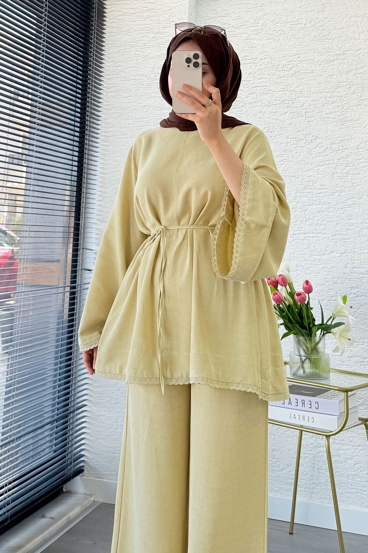 Premium Fisto Detaylı Nua Keten Pantolon Takım - Hardal