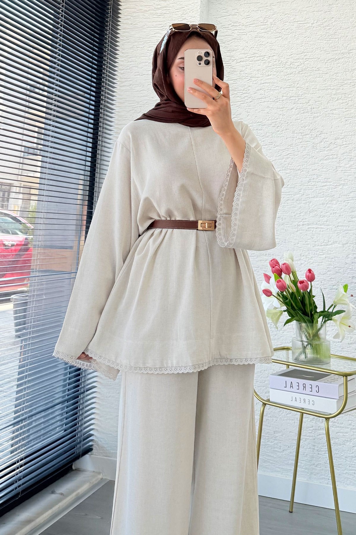 Premium Fisto Detaylı Nua Keten Pantolon Takım - Natural