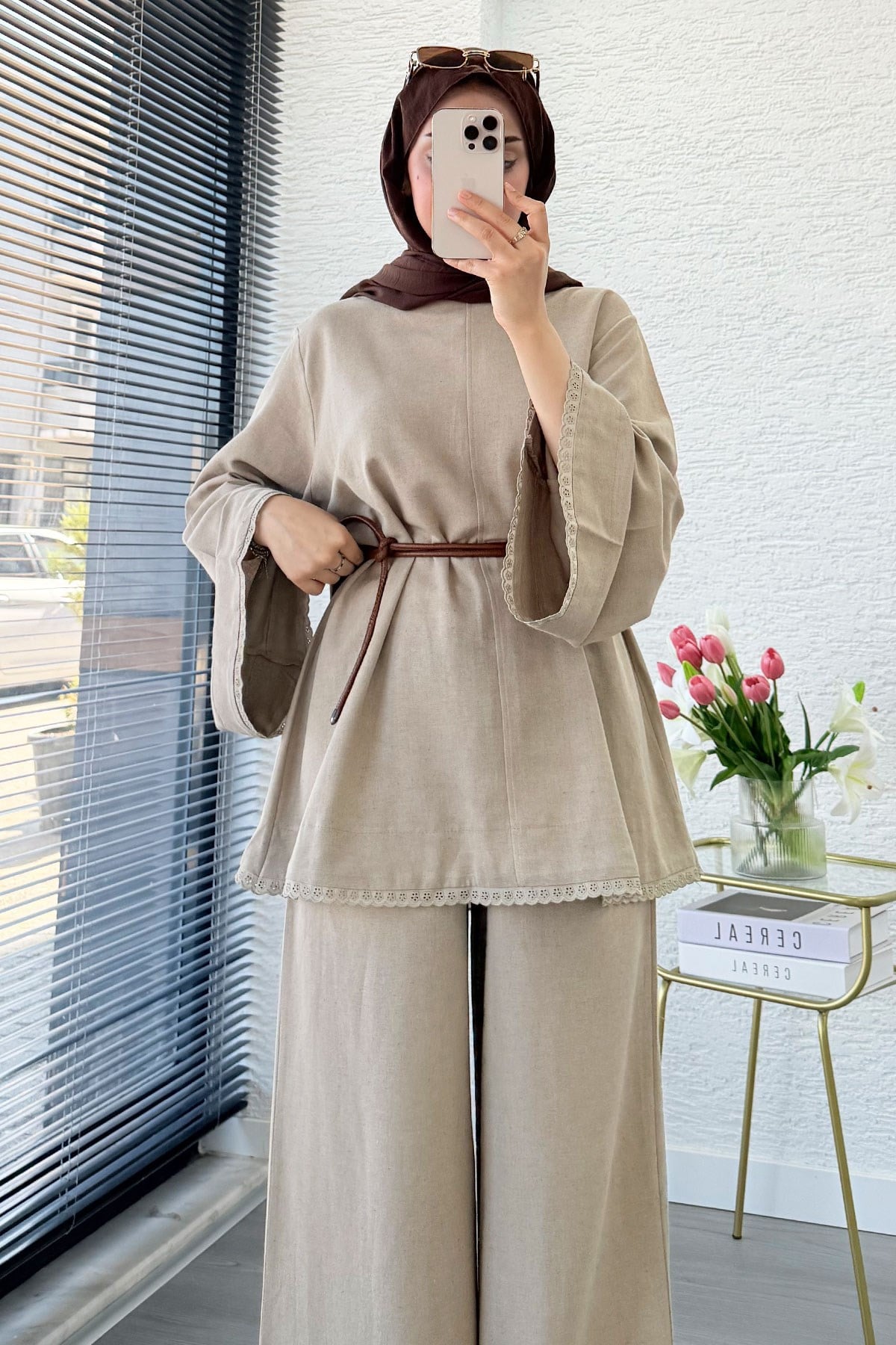 Premium Fisto Detaylı Nua Keten Pantolon Takım - Vizon