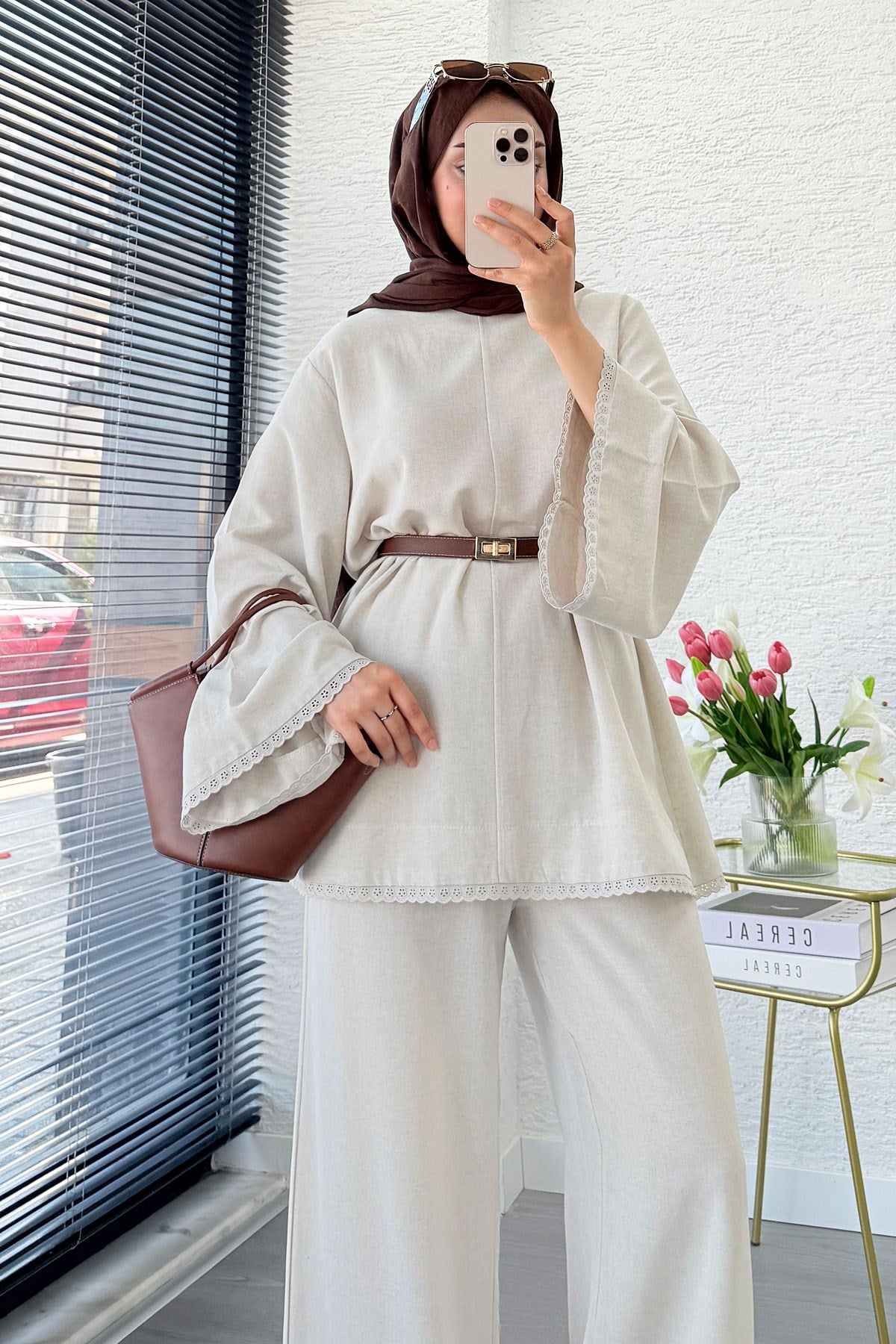 Premium Fisto Detaylı Nua Keten Pantolon Takım - Natural