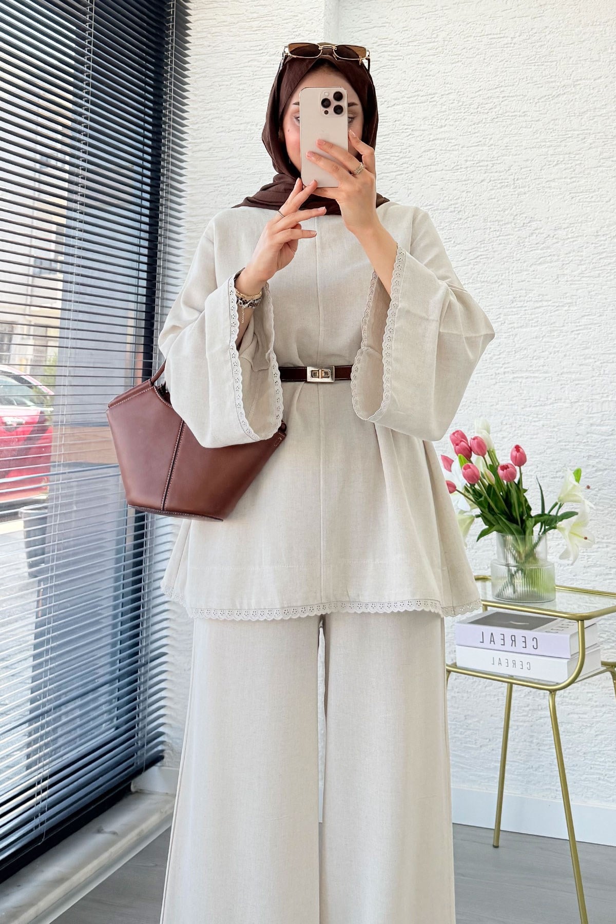 Premium Fisto Detaylı Nua Keten Pantolon Takım - Natural