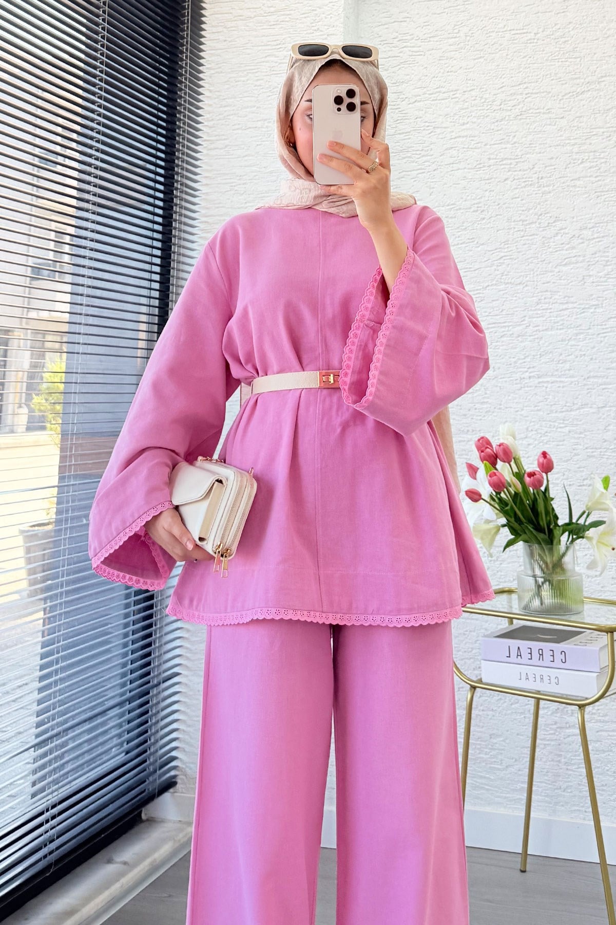 Premium Fisto Detaylı Nua Keten Pantolon Takım - Pembe