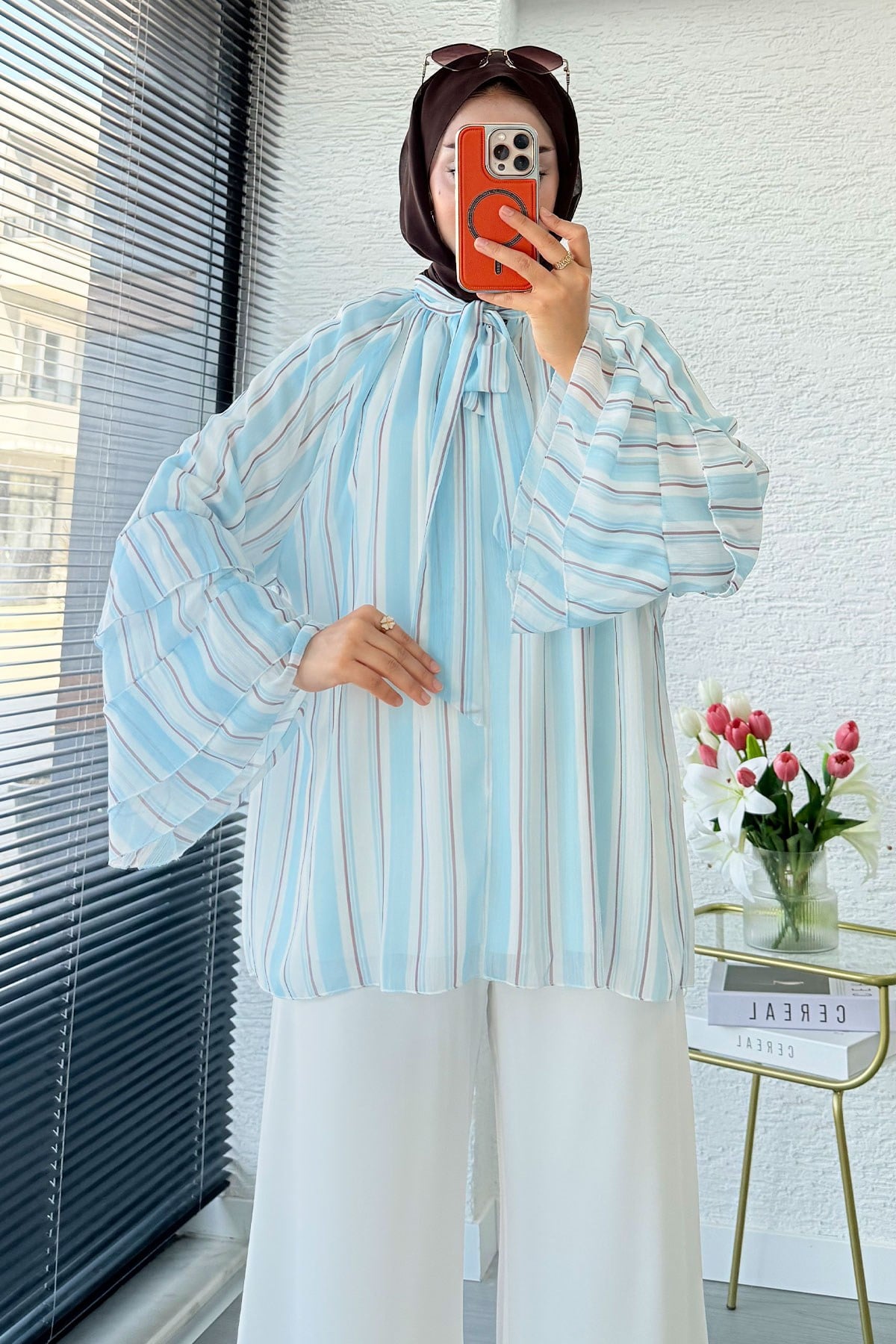 Premium Fular Bağlamalı Çizgili Şifon Bluz - Bebe Mavi